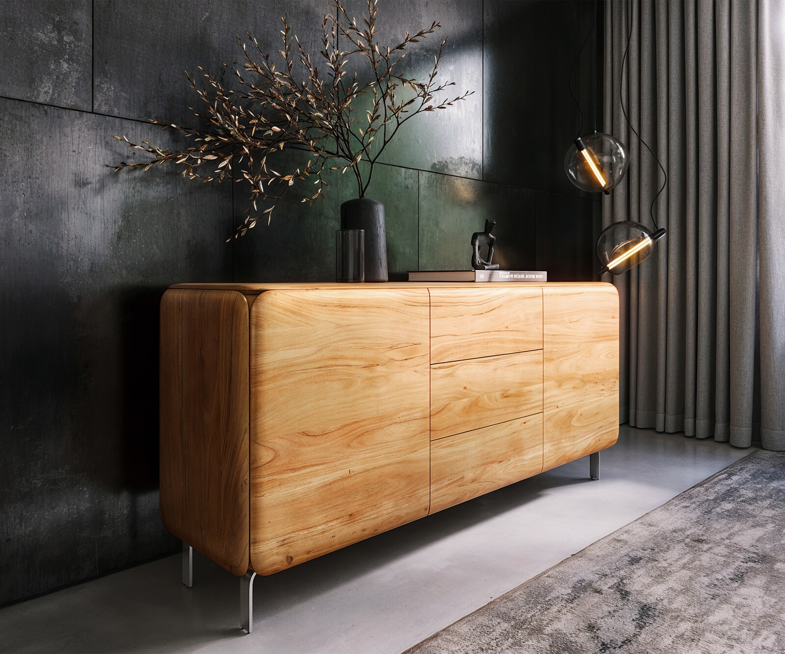 Sideboard Shavani 175 cm Akazie Natur 2 Türen 3 Schubladen L-Fuß Edelstahl Silber