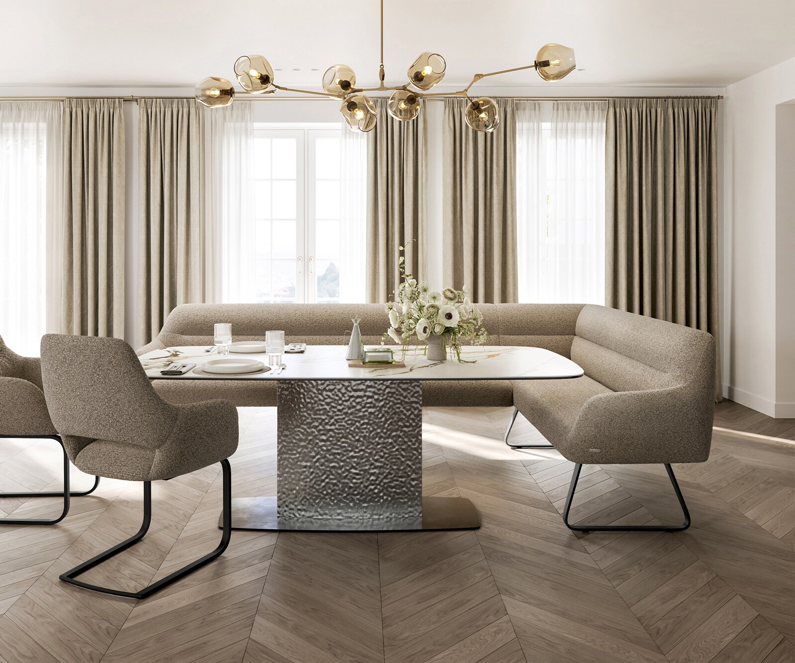 Esszimmerbank Taya-Flex 285x190 cm Bouclé Schlamm Kufengestell flach Schwarz Taschenfederkern Links 1