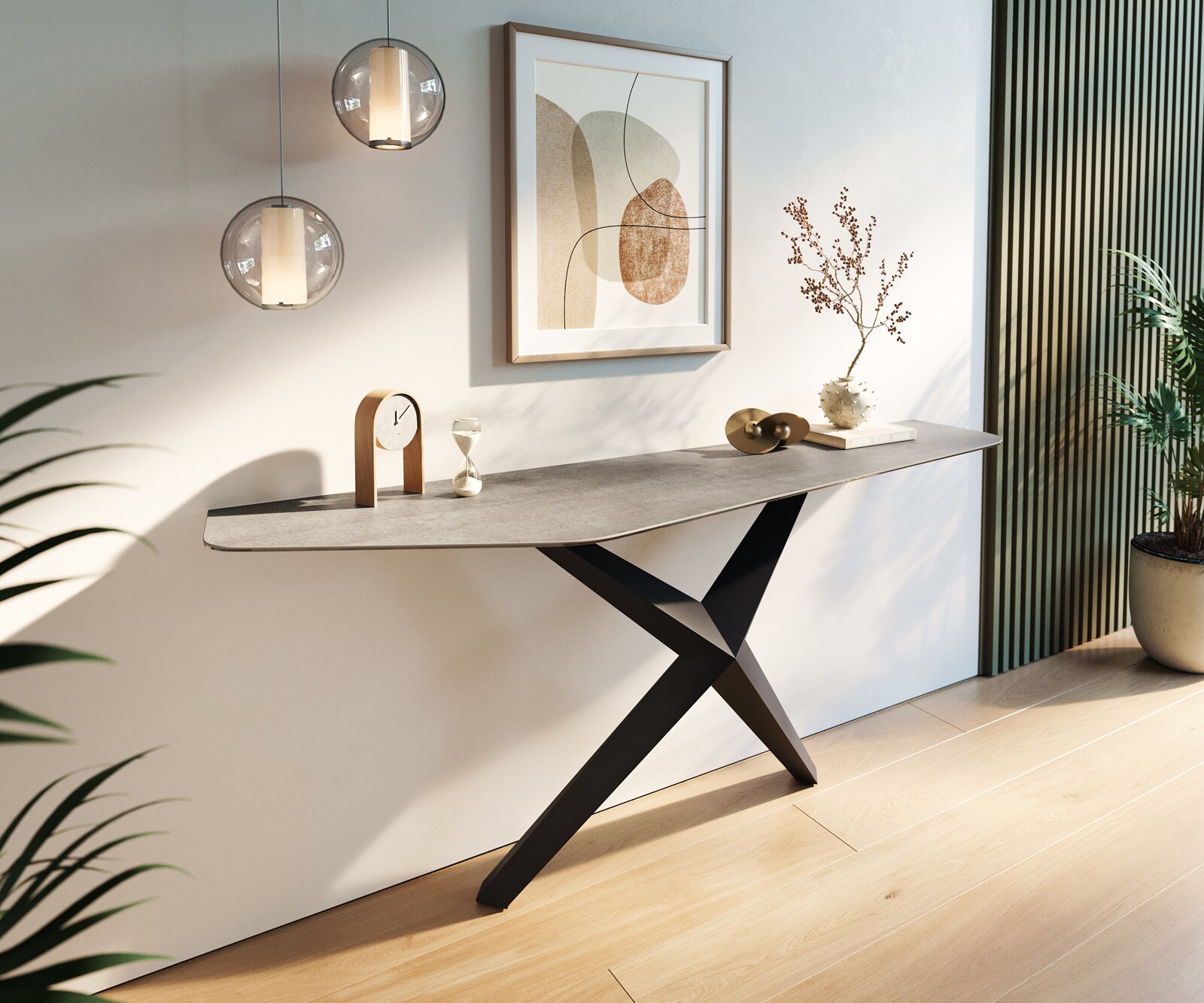 Console Edge Polygonal 180x50 cm Céramique Gris béton Livos Métal Noir 4