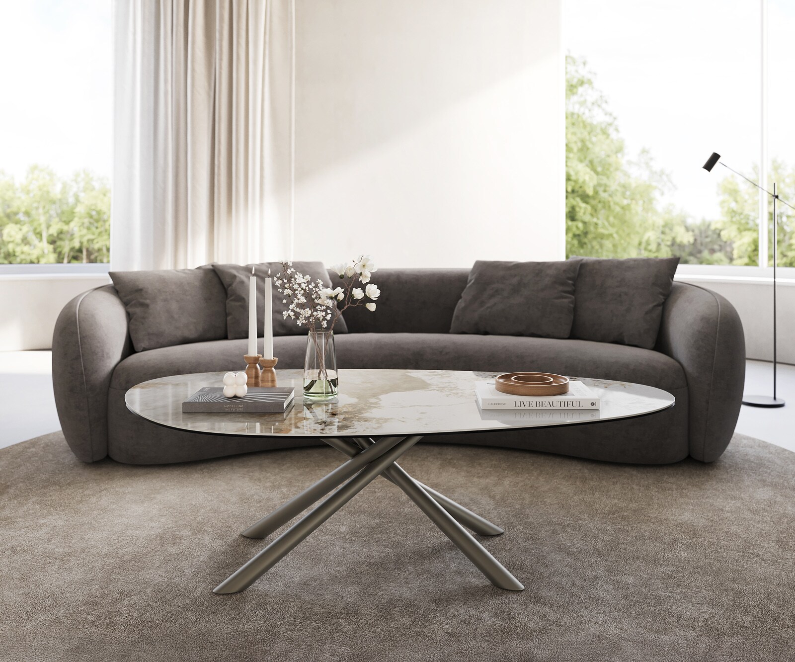 Table basse Edge Oval 140x75 cm céramique Minas Melange Sarity Metall finition effet titane 1
