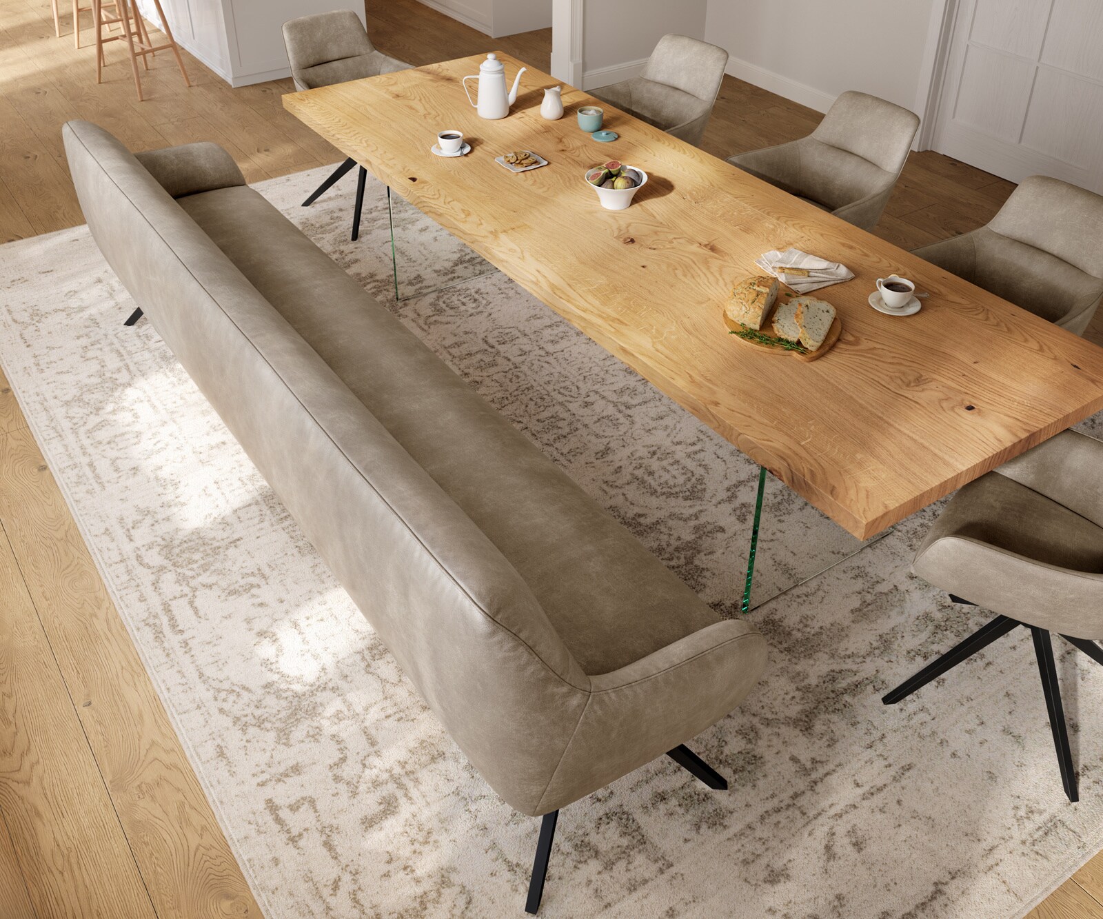 Banc-de-salle-à-manger Taya-Flex 300 cm microfibre beige vintage pied croisé angulaire noir ressort ensaché 4