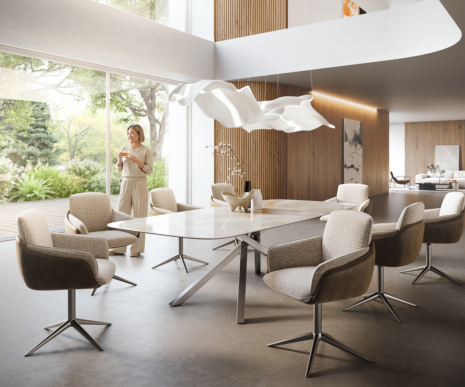 Esstisch Edge Boot 270x120 cm Keramik Iris FMG Onice Grigio Kreuzgestell Rechteck Edelstahl 6