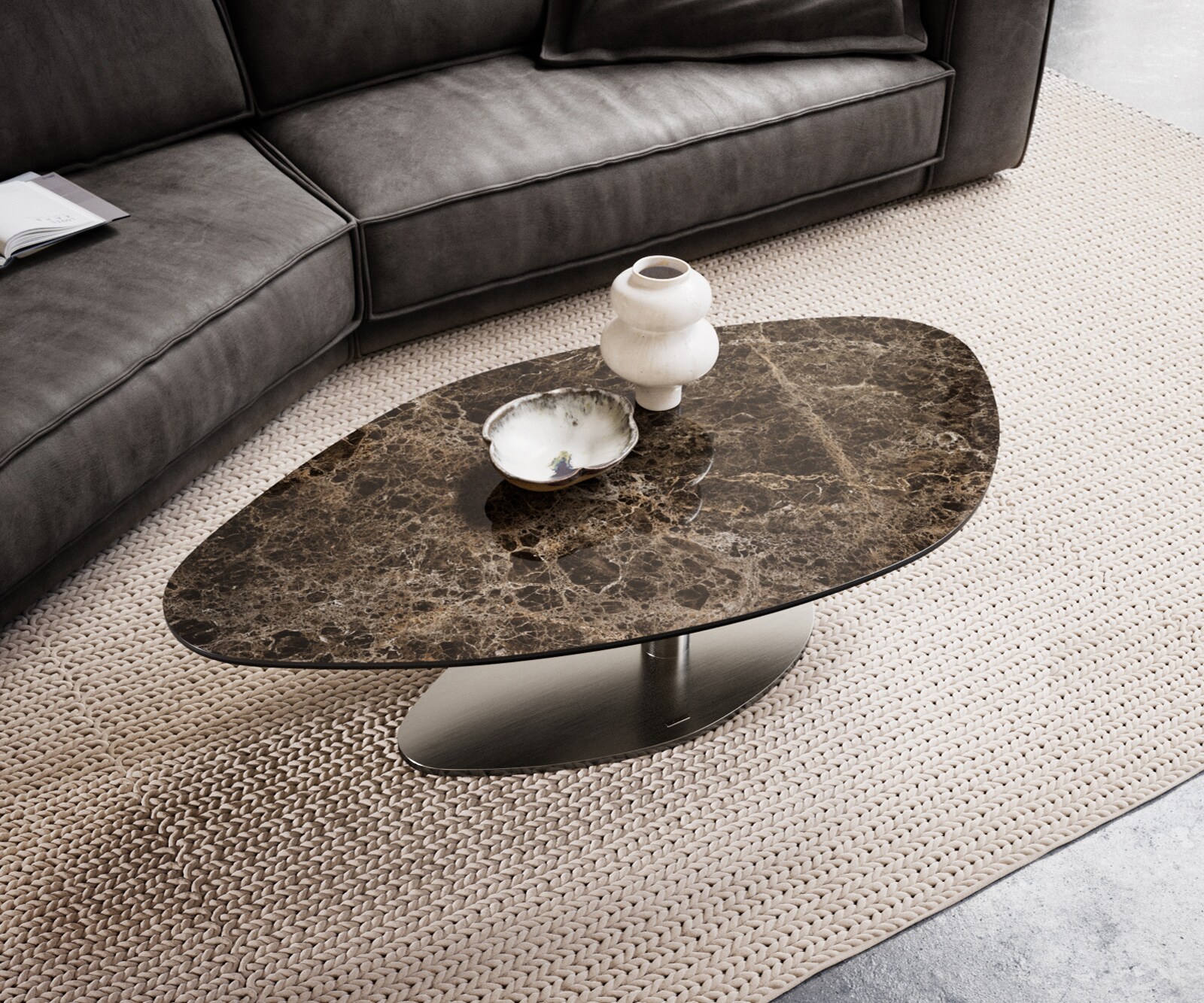 Couchtisch Edge Organisch 140x76 cm Keramik Laminam® Emperador Extra Lucidato Dunkelbraun Vibany Edelstahl gebürstet 3