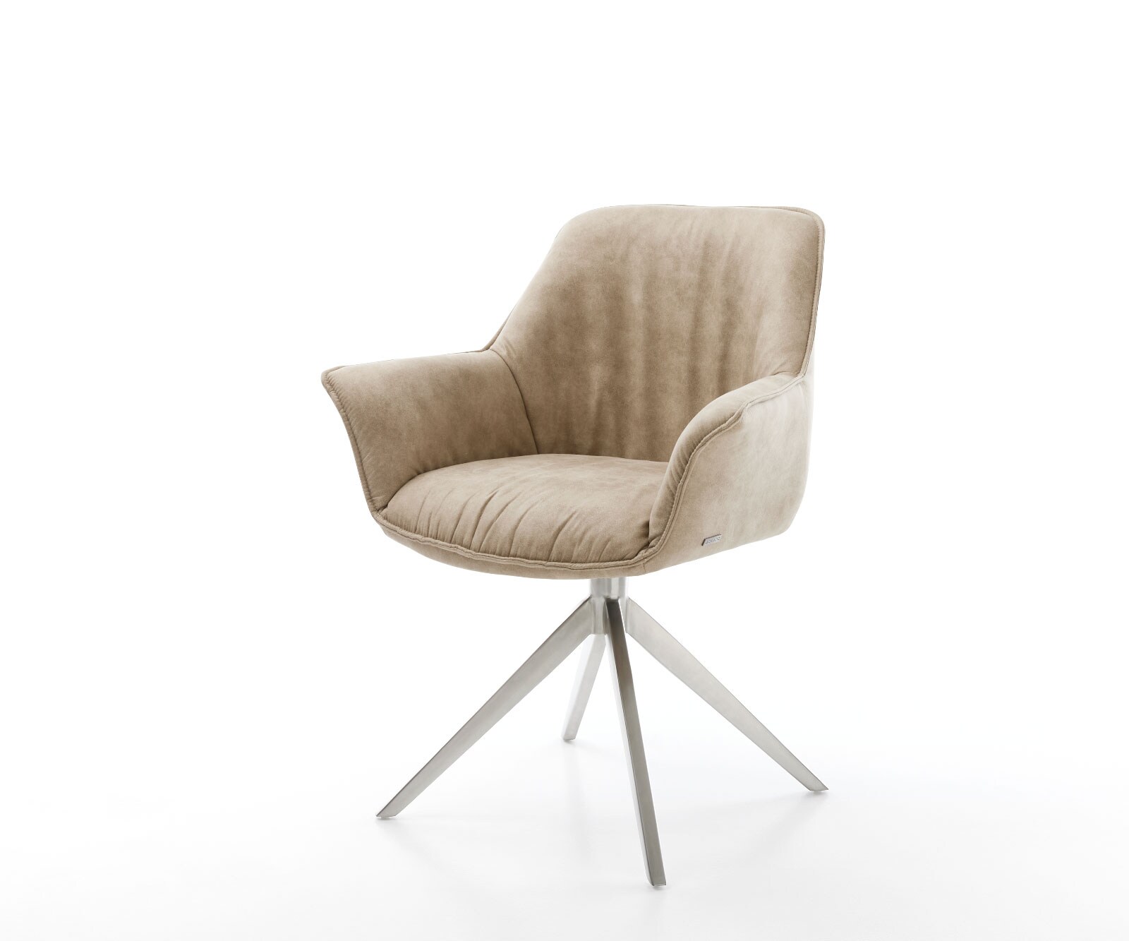 Drehstuhl Keila-Flex mit Armlehnen Beige Vintage Kreuzgestell breit Edelstahl 360° drehbar