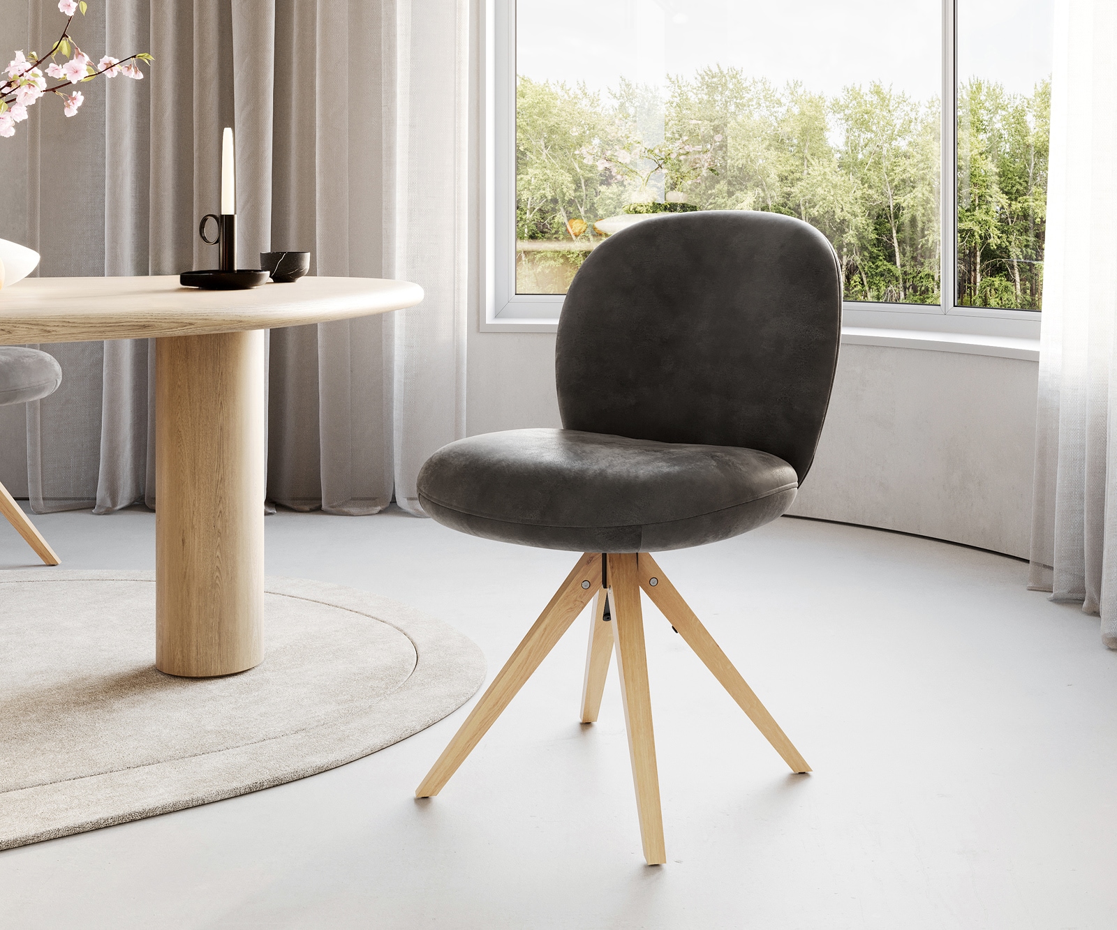 Drehstuhl Nube-Flex Mikrofaser Anthrazit Vintage Holzgestell kantig Natur 180° drehbar Taschenfederkern Drehstuhl Nube-Flex Mikrofaser Anthrazit Vintage Holzgestell kantig Natur 180° drehbar Taschenfederkern