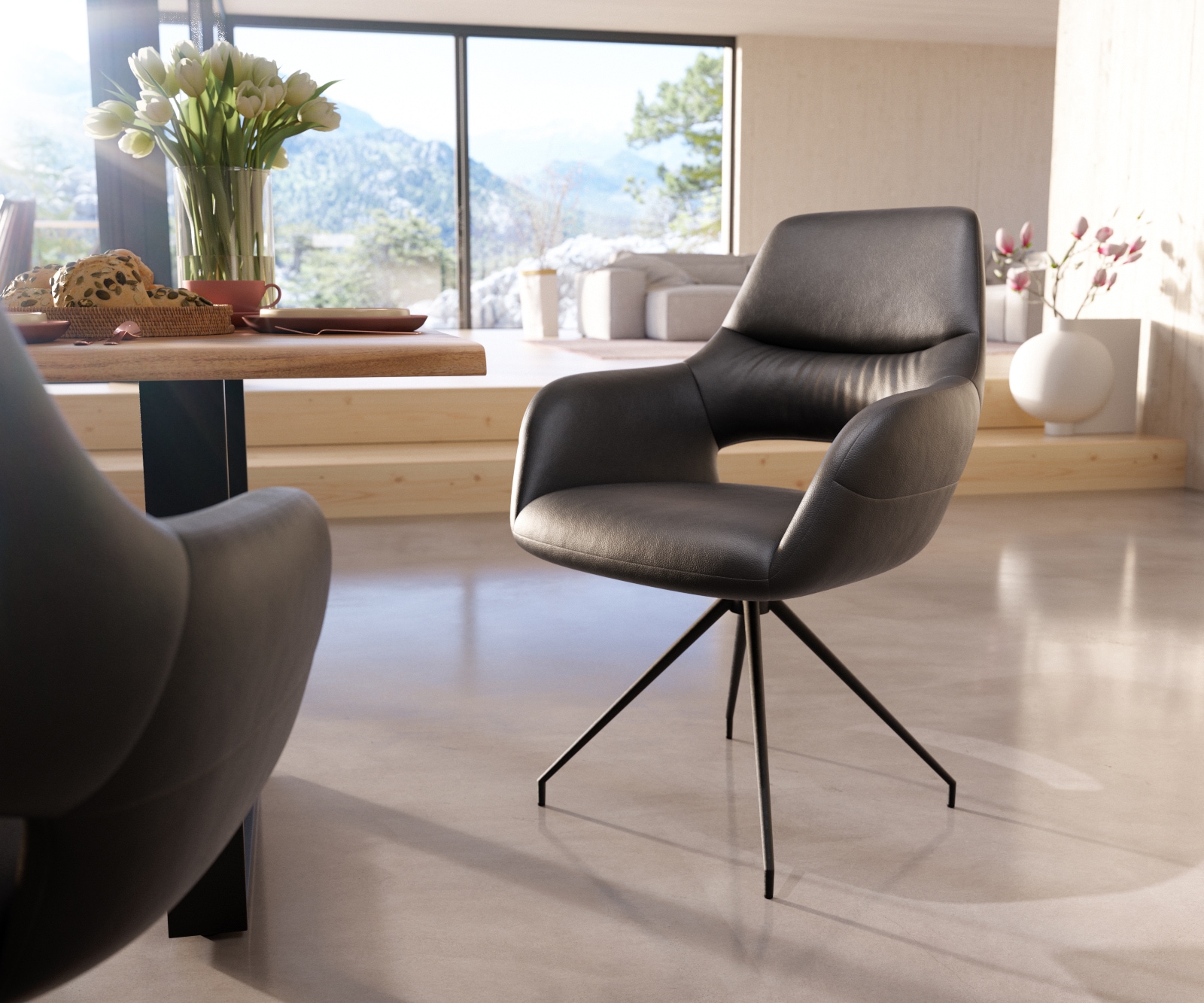 Esszimmerstuhl Yago-Flex mit Armlehnen Echt-Leder Schwarz Kreuzgestell konisch Schwarz Taschenfederkern Esszimmerstuhl Yago-Flex mit Armlehnen Echt-Leder Schwarz Kreuzgestell konisch Schwarz Taschenfederkern