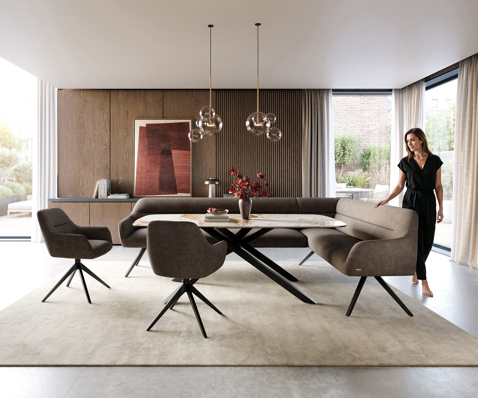 Esszimmerbank Taya-Flex 285x190 cm Strukturstoff Soft Taupe Kreuzgestell kantig Schwarz Taschenfederkern Links 2