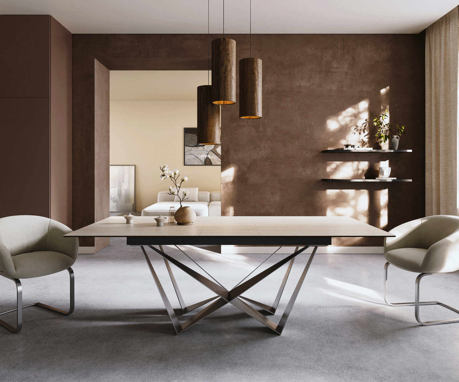 Esstisch Edge 180-220x100 Keramik Laminam® Travertino Bianco Creme-Weiß Spider Flachstahl Edelstahl ausziehbar 1