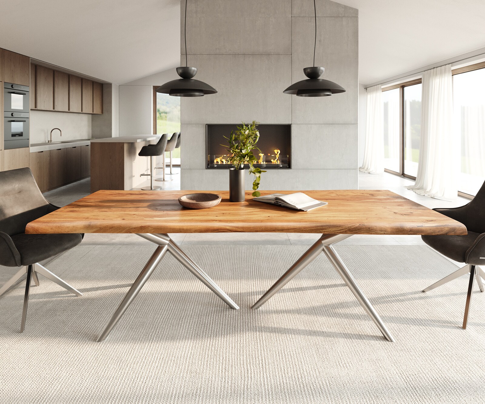 Esstisch Edge 240x100 Akazie Natur Estelar rund Edelstahl Live-Edge 1