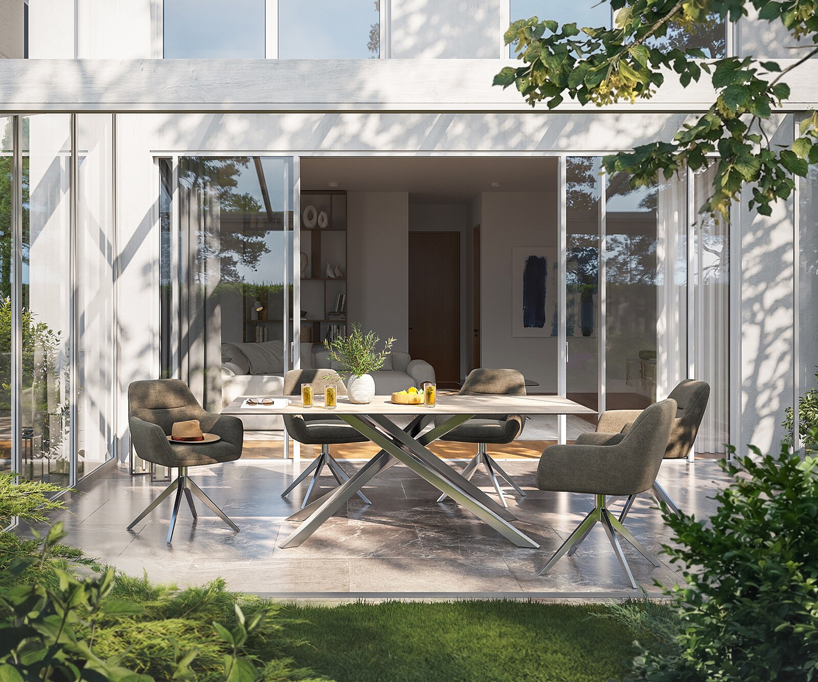 Table d’extérieur Edge 200x100 cm céramique Laminam® Travertino Bianco blanc crème piètement croisé rectangulaire en acier inoxydable 1