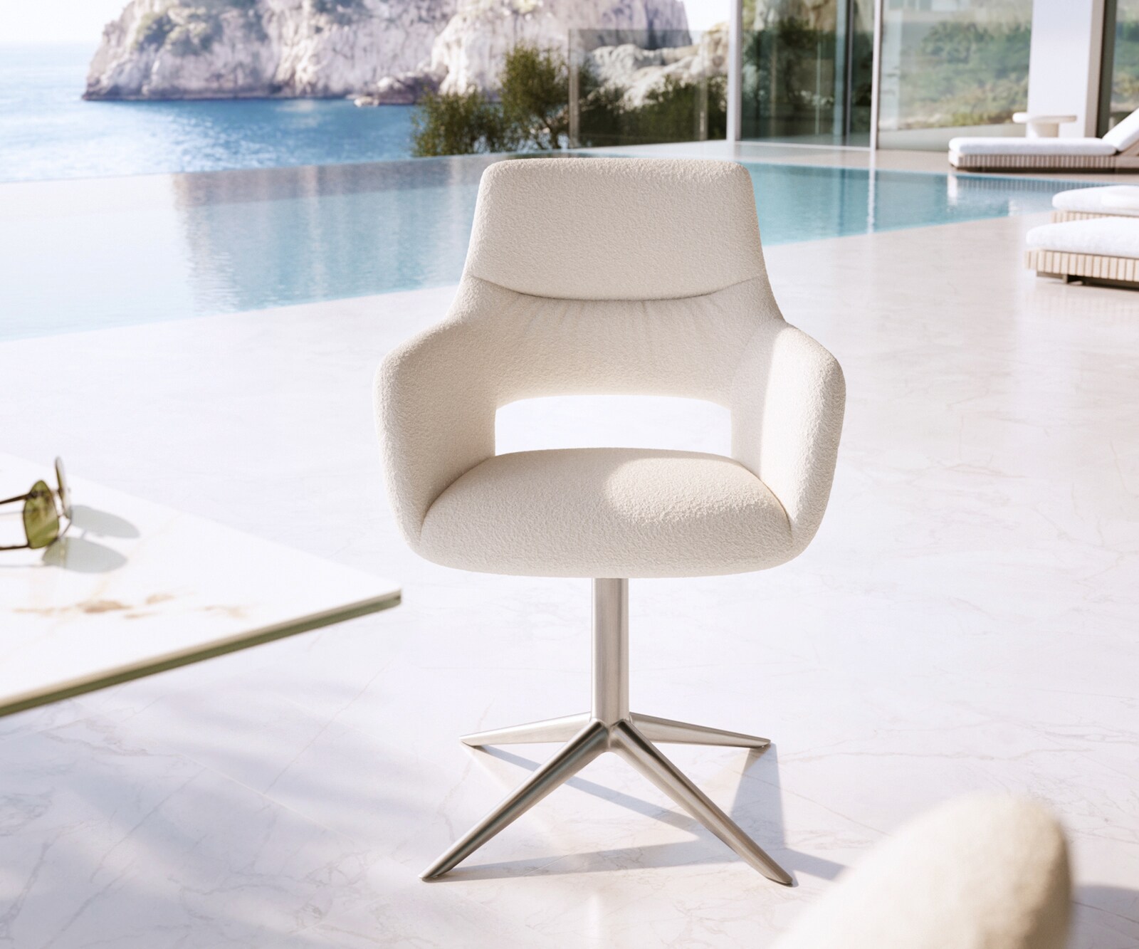 Chaise-d'extérieur Yago-Flex avec accoudoirs bouclé blanc pied de chaise 4 branches acier inoxydable pivotement sur 360° fonction bascule 1