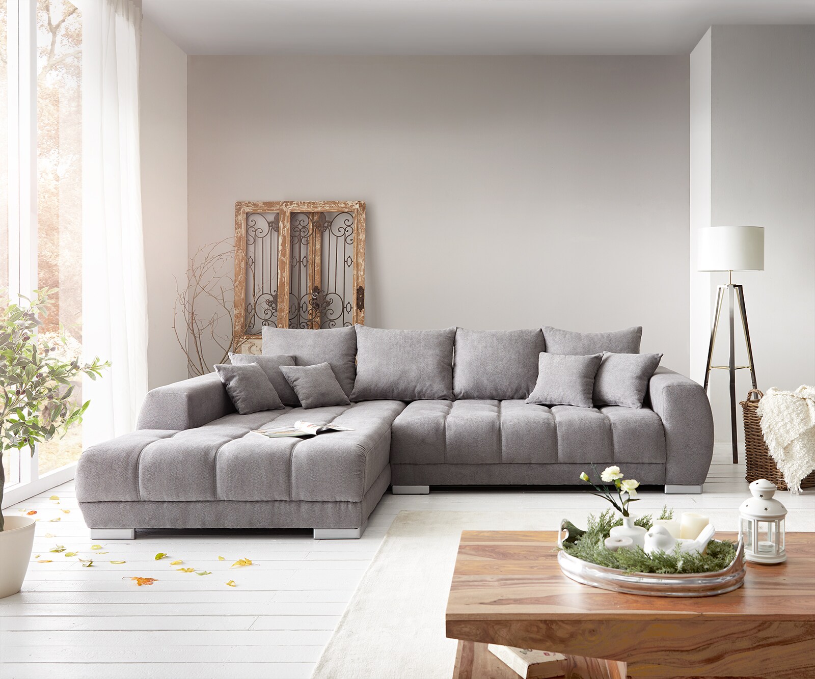 Canapé-panoramique Josea 300x220 cm microfibre gris pierre Recamière à gauche 1