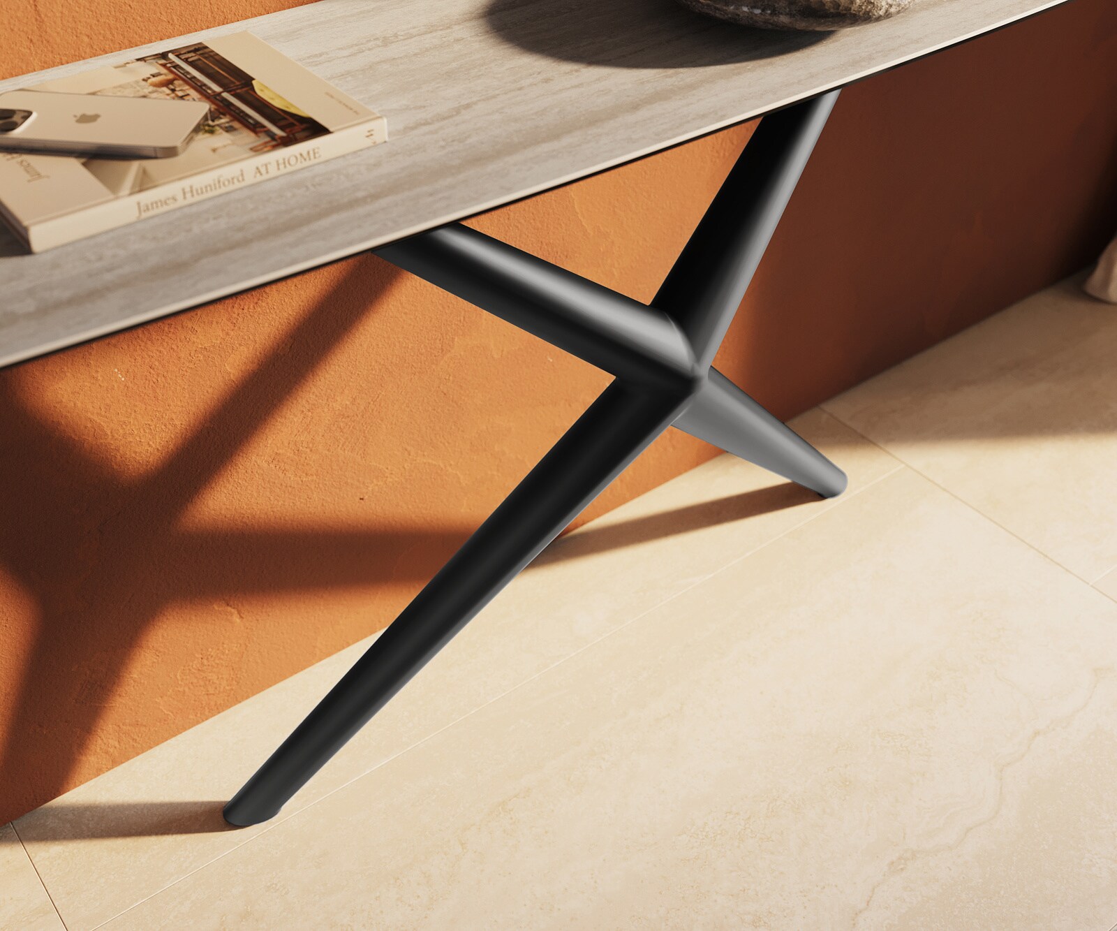Console Edge forme bateau 180x40 cm Céramique Laminam® Travertino Bianco Creme-Weiß Estelo Métal Noir 5