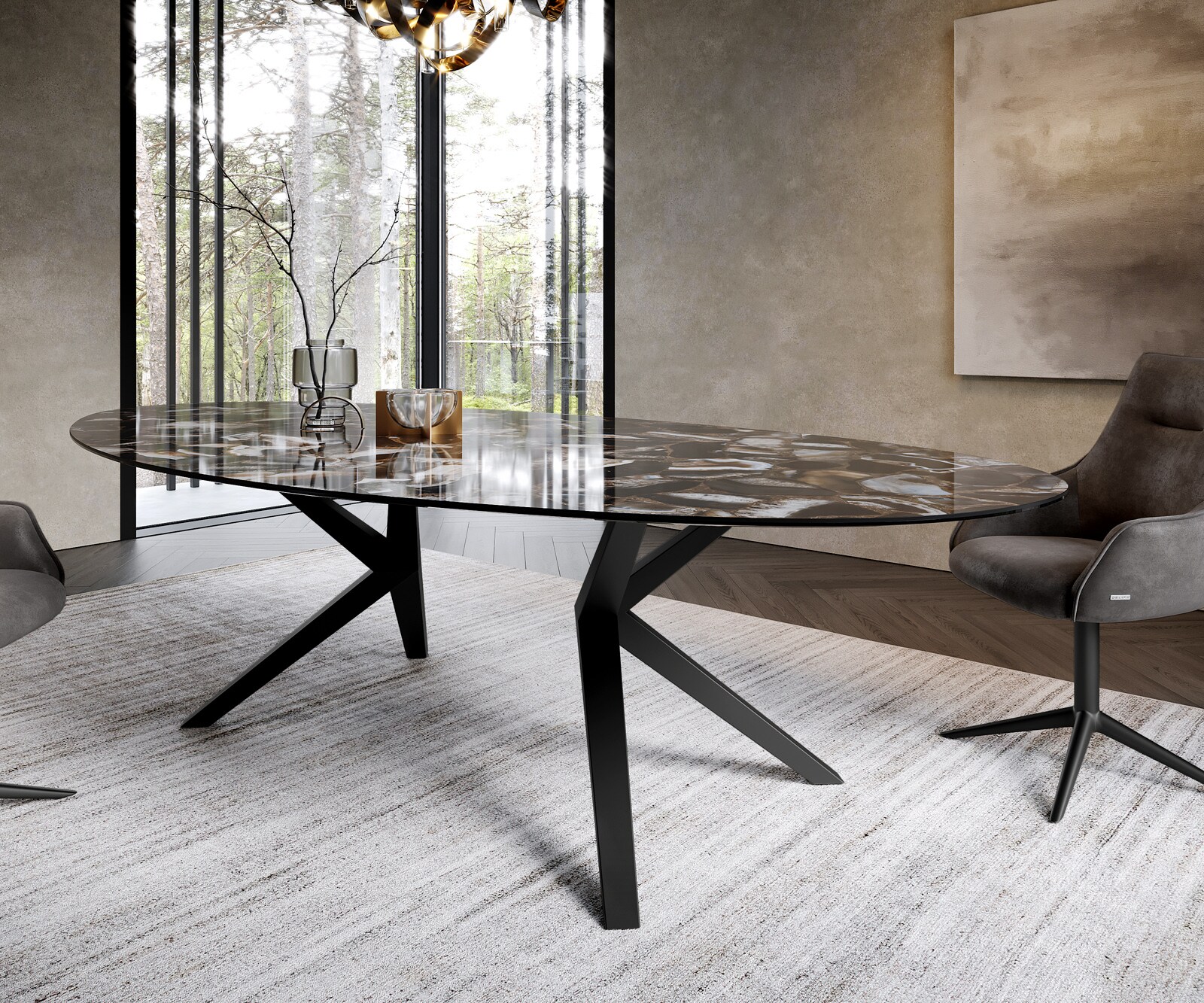 Esstisch Edge Oval 280x130 Keramik Iris FMG Agatablack Zenthara kantig Metall Schwarz 5
