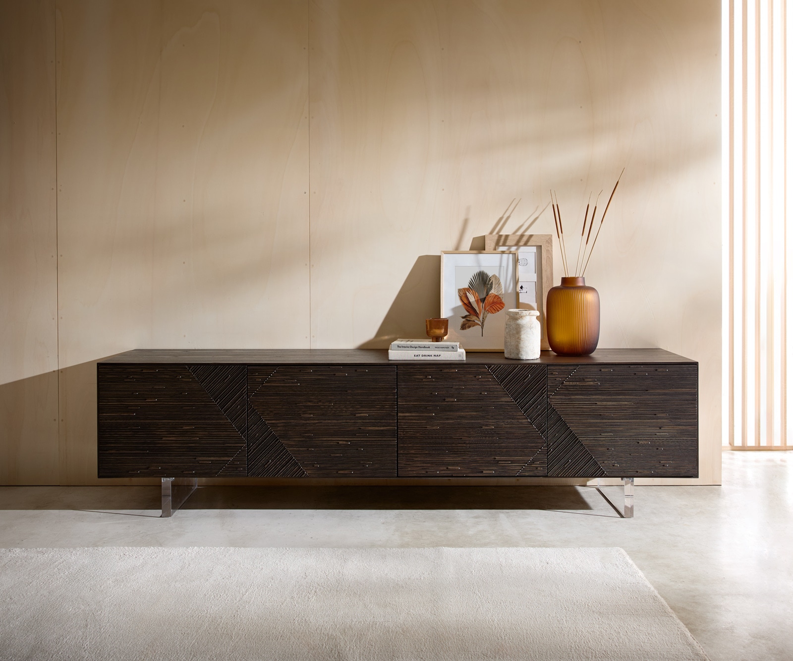 Lowboard Tereos 220 cm Esche Dunkelbraun 3D Effekt 4 Türen Fuß Schwebeoptik Acrylglas 1 Lowboard Tereos 220 cm Esche Dunkelbraun 3D Effekt 4 Türen Fuß Schwebeoptik Acrylglas 1