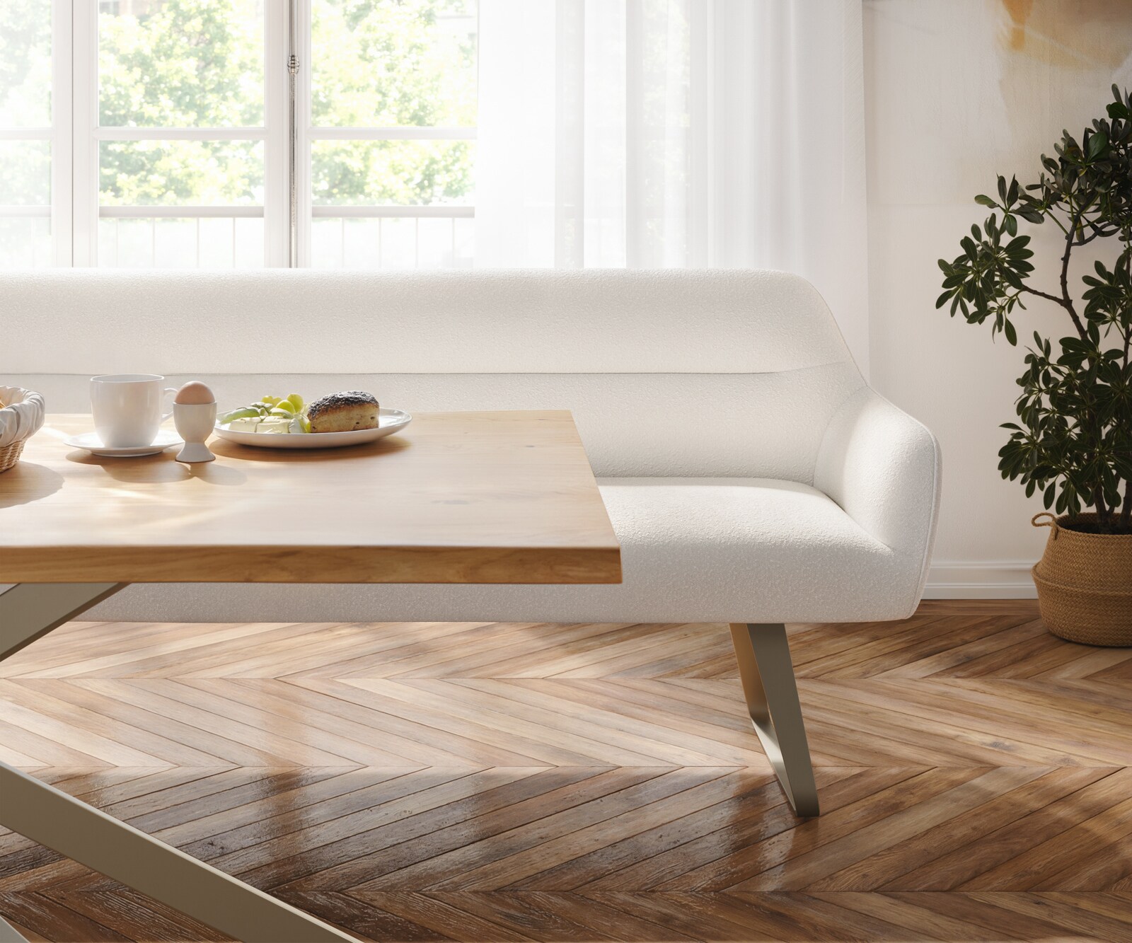 Esszimmerbank Taya-Flex 200 cm Bouclé Creme-Weiß Kufengestell flach Effektfinish Titan Taschenfederkern 3