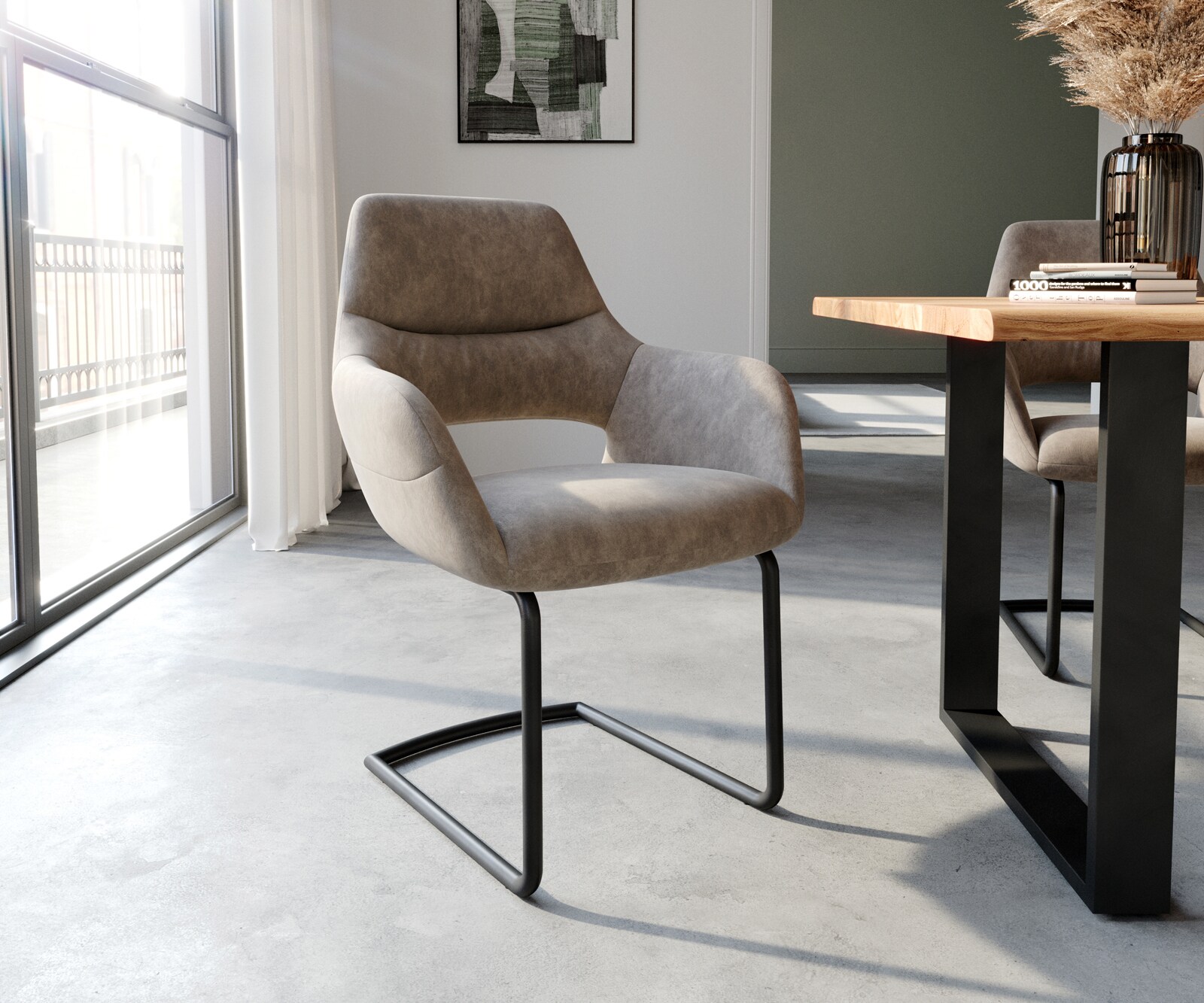 Freischwinger Yago-Flex mit Armlehnen Mikrofaser Taupe Vintage Freischwinger rund Schwarz Taschenfederkern 1