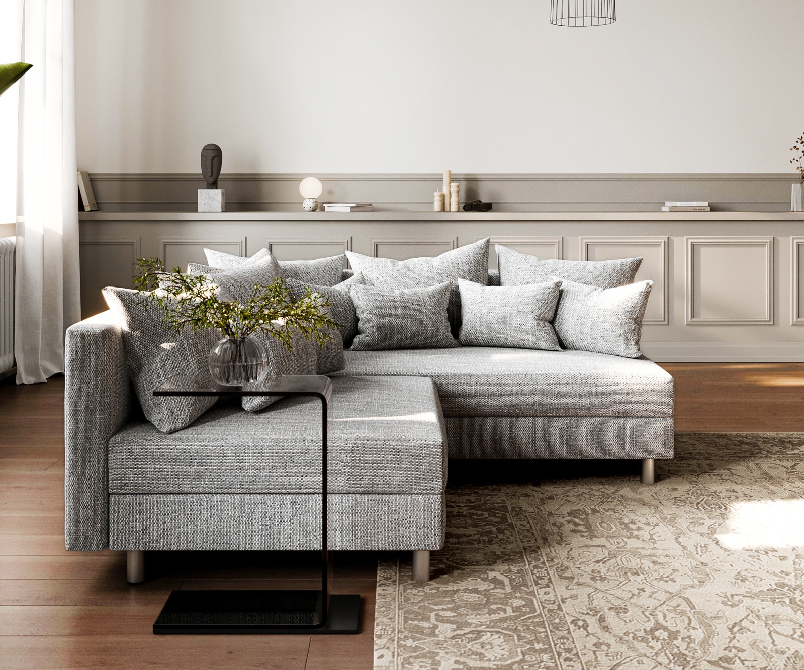 Canapé-d'angle Clovis tissu structuré gris clair ottoman droite canapé modulaire 2