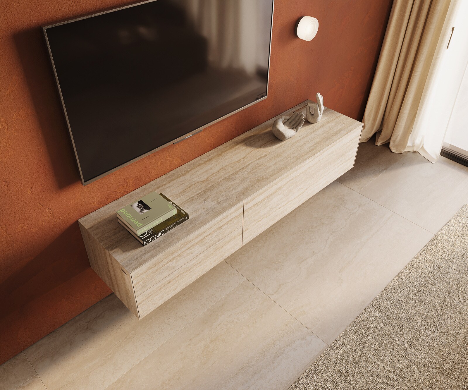 Lowboard Cuor 180 cm Keramik Laminam® Travertino Bianco Creme-Weiß 1 Klappe 2 Schubfächer Schwebend 3