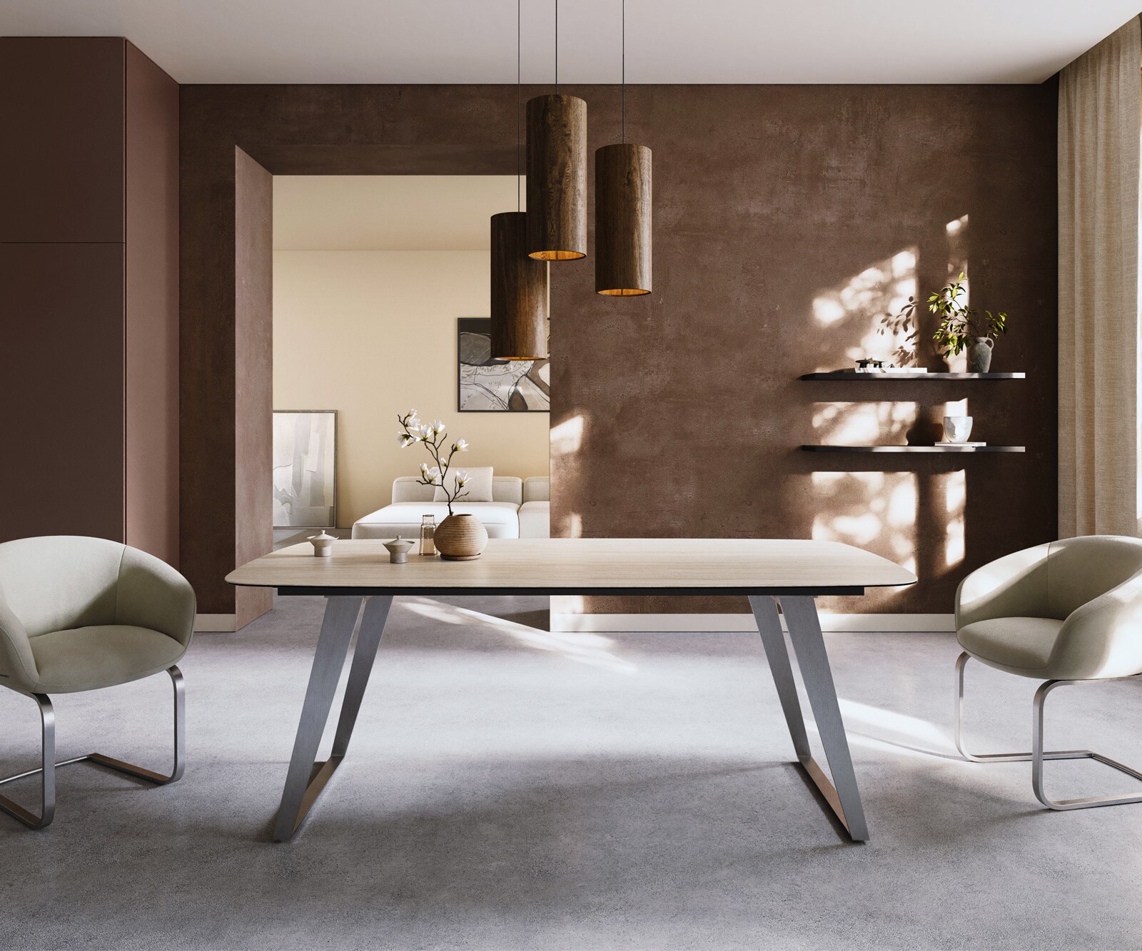 Table à manger Edge Boot 200x100 céramique Laminam® Travertino Bianco crème-blanc acier inoxydable incliné