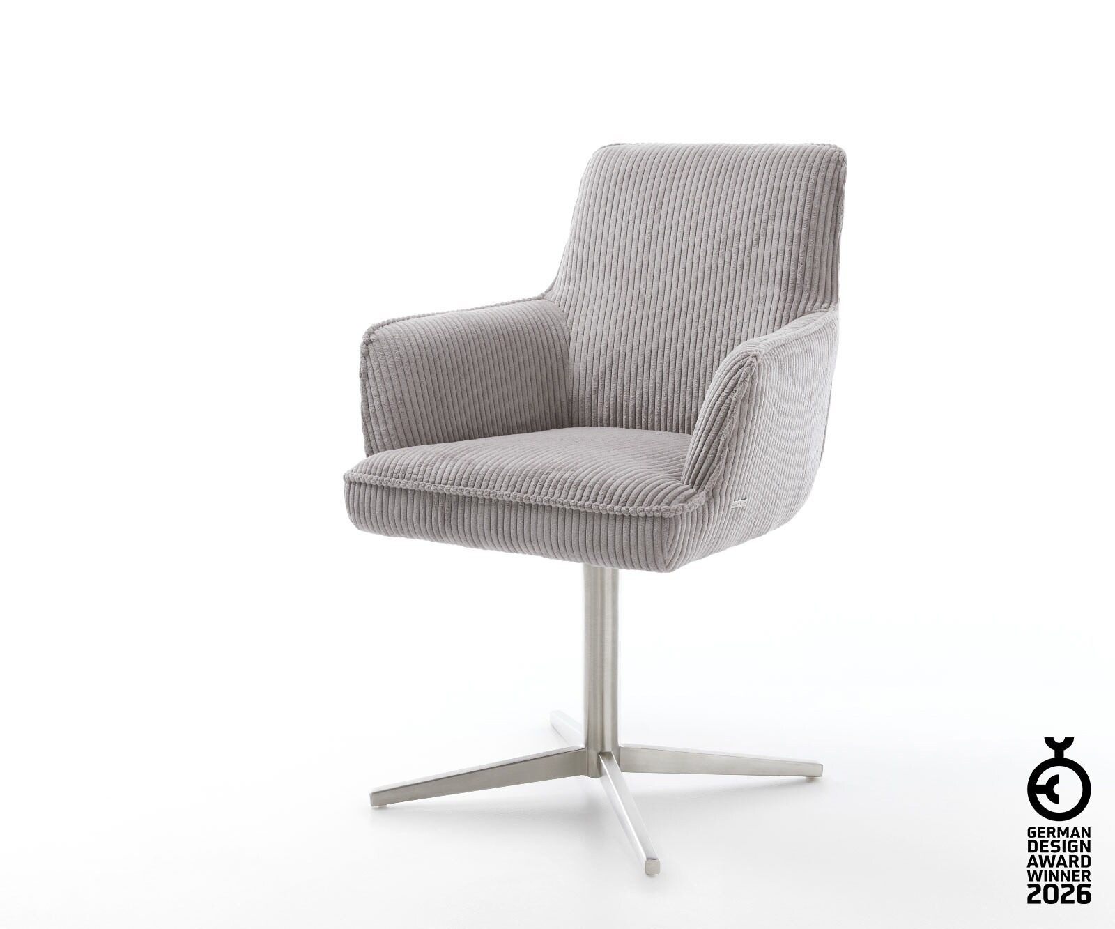 Drehstuhl Heira-Flex mit Armlehnen Cord Silbergrau Fußkreuz Edelstahl 360° drehbar Taschenfederkern