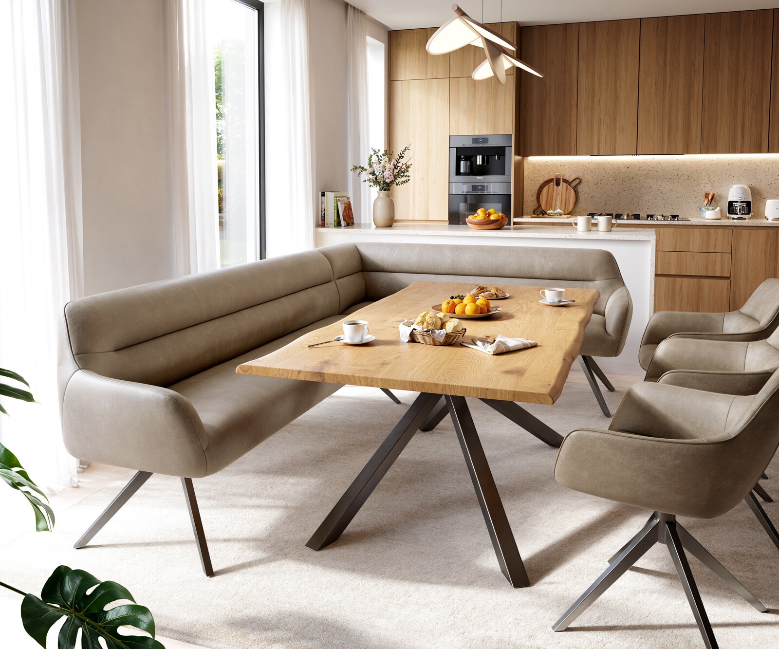 Banc-de-salle-à-manger Taya-Flex 285x190 cm microfibre beige vintage pied croisé angulaire grafiete ressort ensaché liens 1