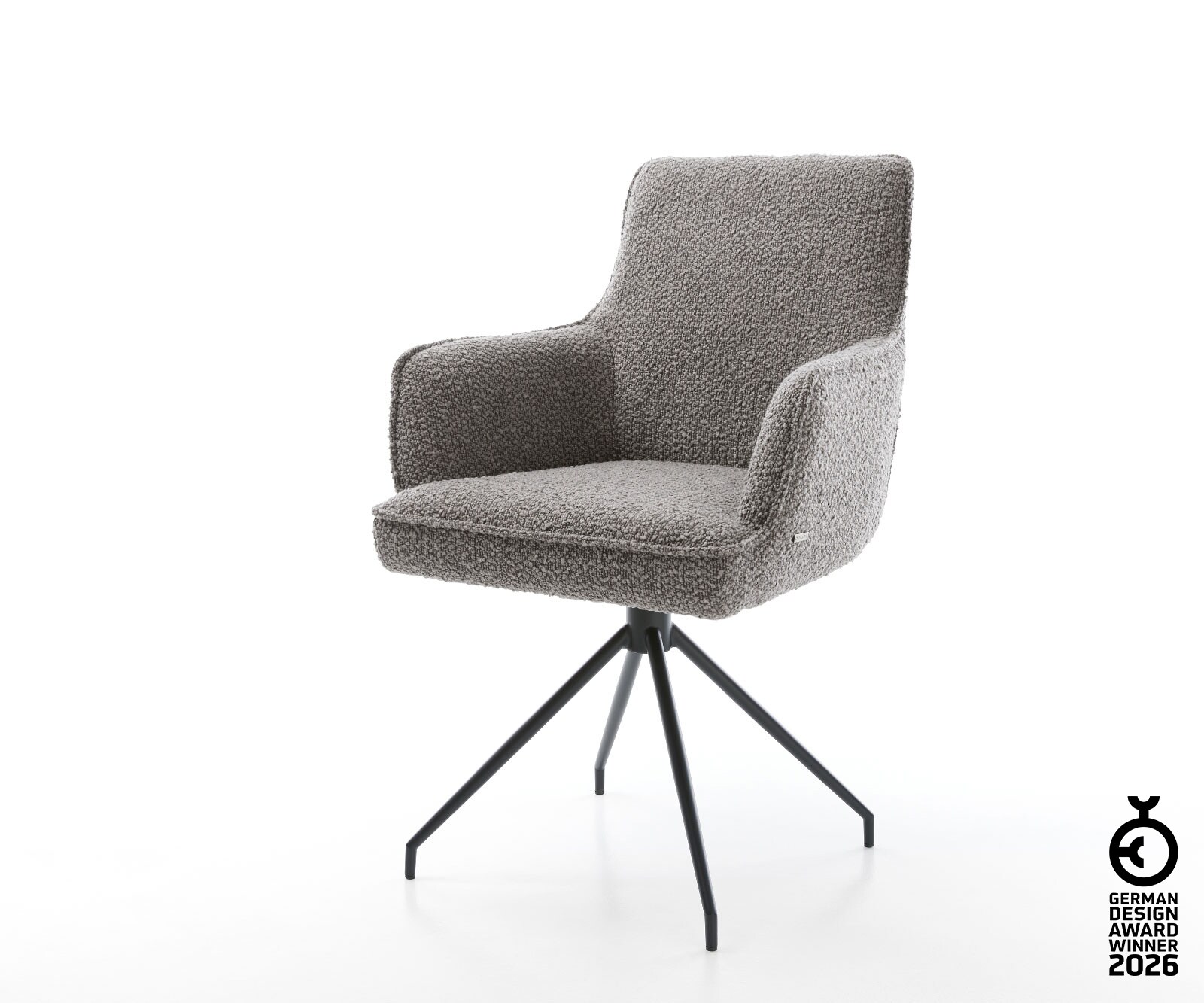 Chaise-pivotante Heira-Flex avec accoudoirs bouclé gris argenté pied croisé conique noir pivotement sur 180° ressorts ensachés
