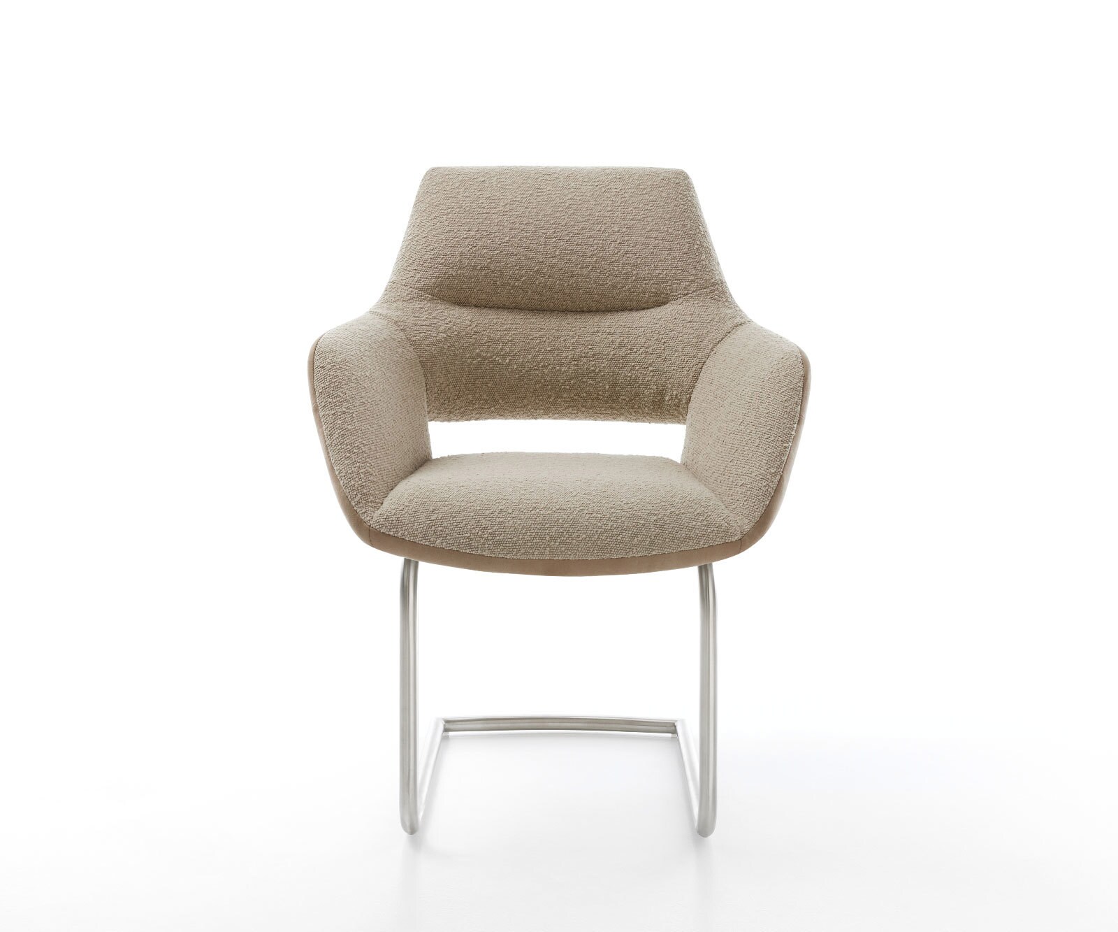 Cantilever Yago-Flex avec accoudoirs tissu mixte couleur boue pied cantilever rond acier inoxydable brossé ressorts ensachés 2