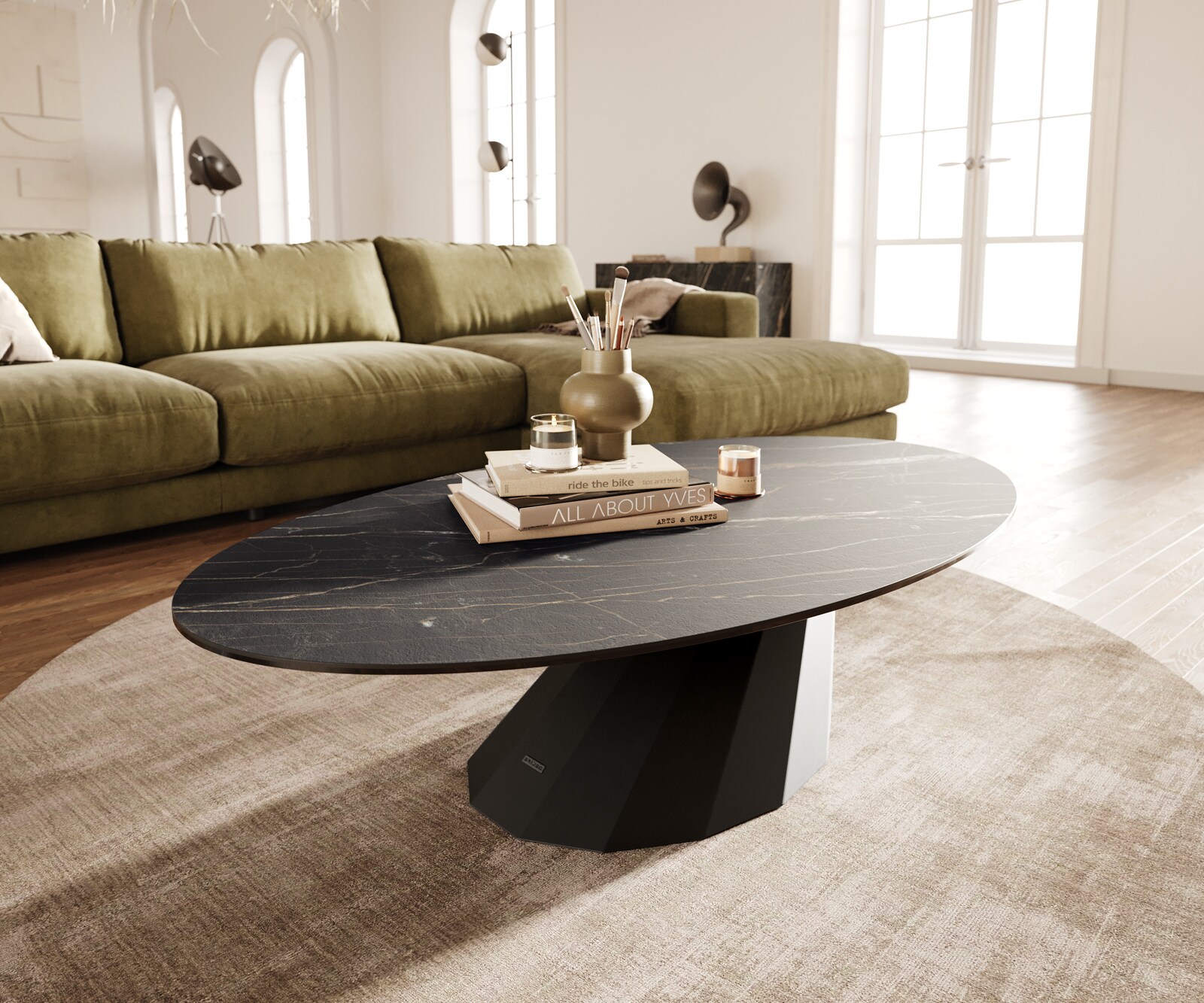 Table basse Edge Oval 140x80 cm céramique Laminam® Noir Desir brun Parabi acier inoxydable brossé 2