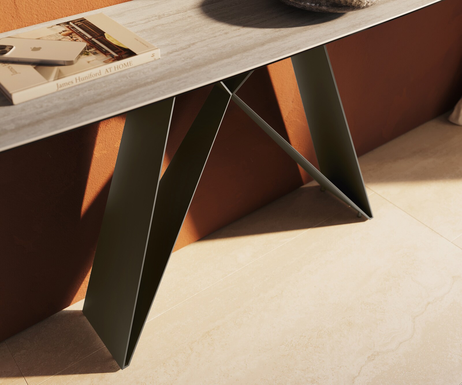 Console Edge forme bateau 180x40 cm Céramique Laminam® Travertino Bianco Creme-Weiß Velio Métal Effektfinish Titan 5