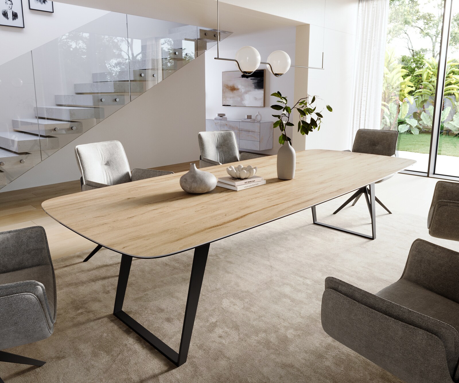Esstisch Edge Boot 300x120 cm Keramik Laminam® Sabbia Eichefarbig Metall Schräg Schwarz