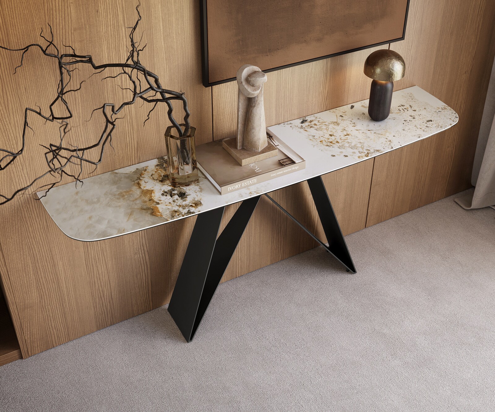 Console Edge forme bateau 180x40 cm Céramique Minas Melange Weiß-Beige Velio Métal Noir 2