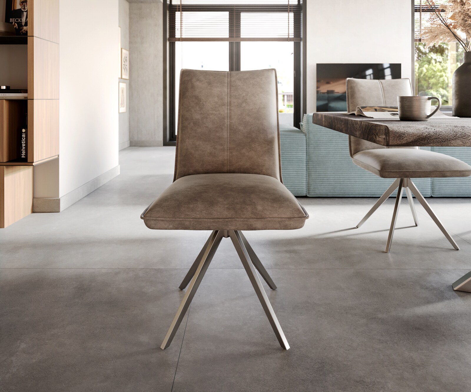 Chaise-de-salle-à-manger Lelio-Flex microvelours taupe vintage pied croisé large acier inoxydable brossé ressorts ensachés 1