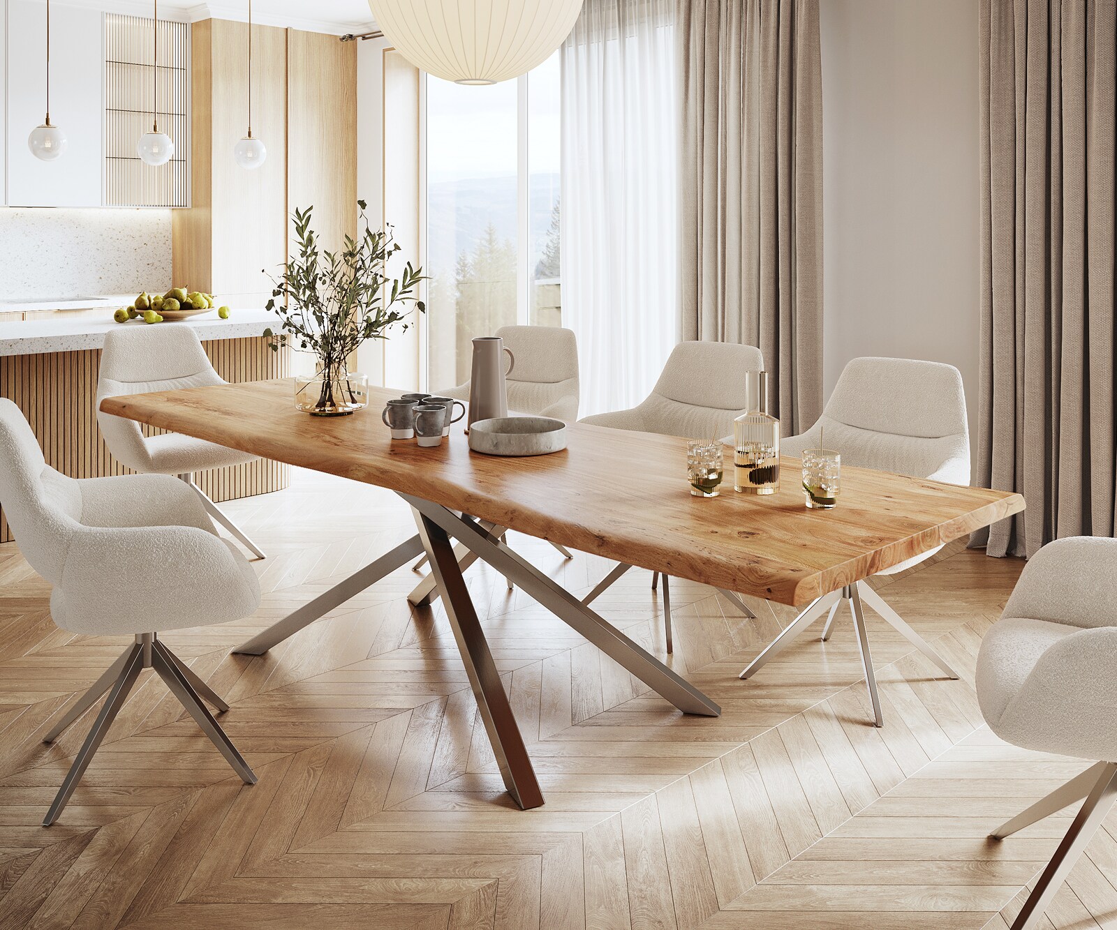 Esstisch Edge 300x100 XL Akazie Natur Kreuzgestell Rechteck Edelstahl Live-Edge 1