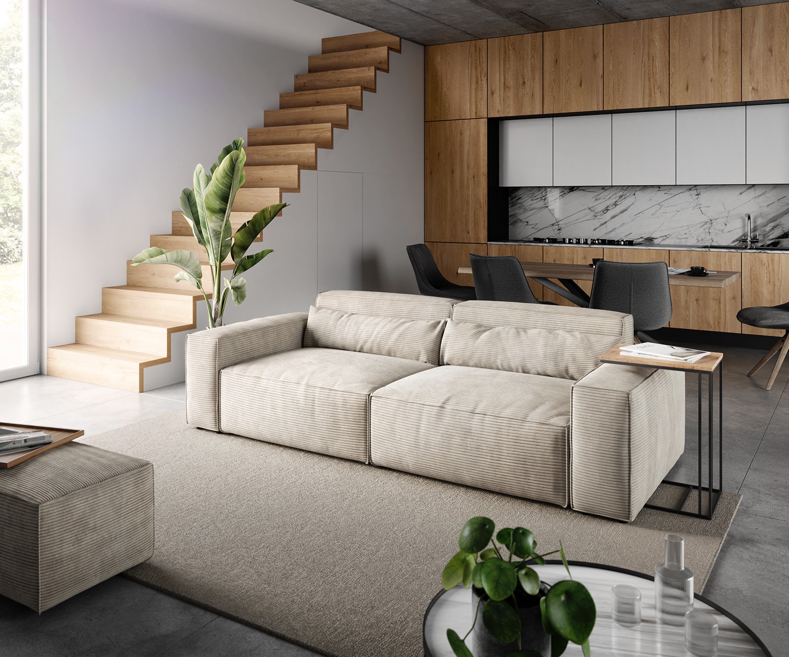 Big-Sofa Sirpio 230x90 cm Cord Beige mit Hocker Big-Sofa Sirpio 230x90 cm Cord Beige mit Hocker