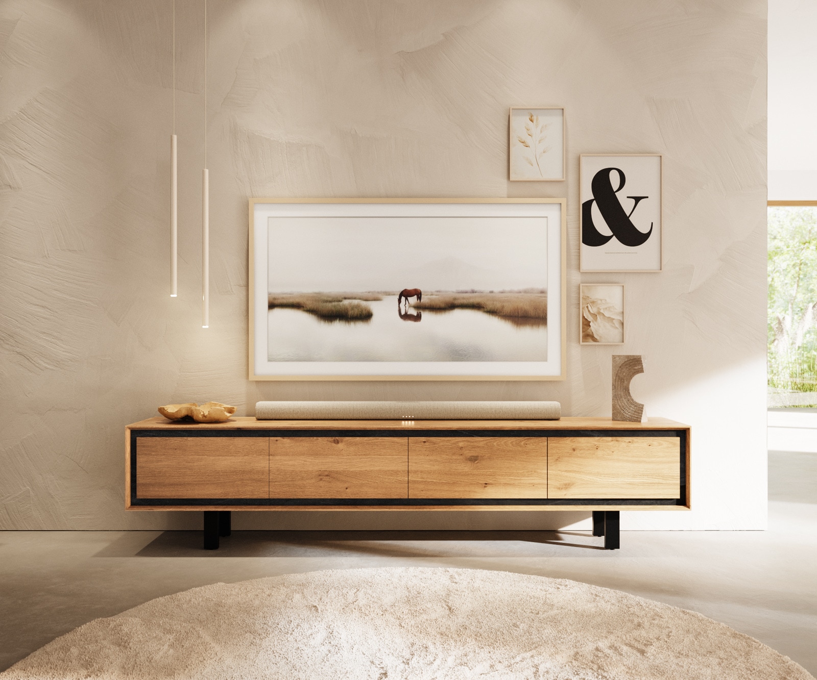 Lowboard Stonegrace 200 cm Eiche Natur 4 Türen Fuß Vierkant Metall Schwarz 2