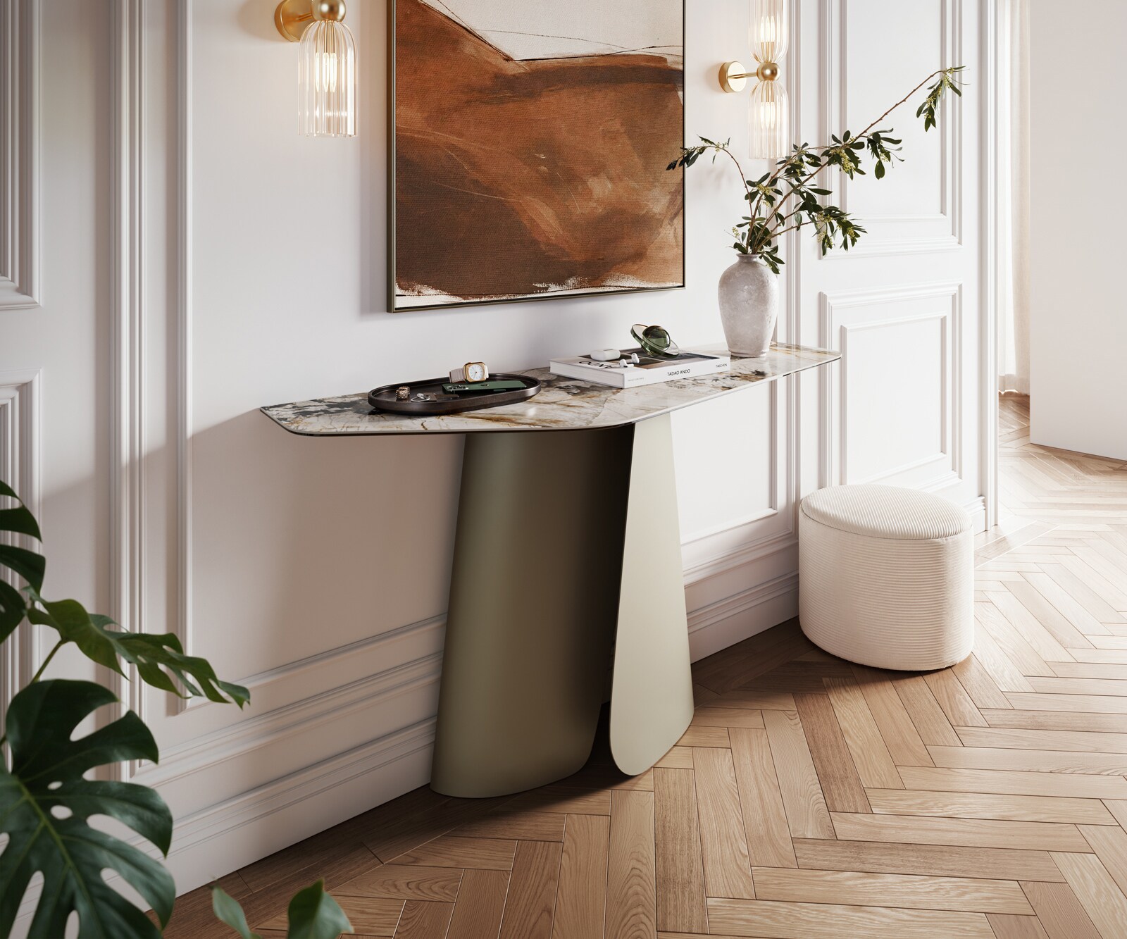 Console Edge Polygonal 140x50 cm Céramique Patagonia Poliert Livos Métal Effektfinish Titan 4