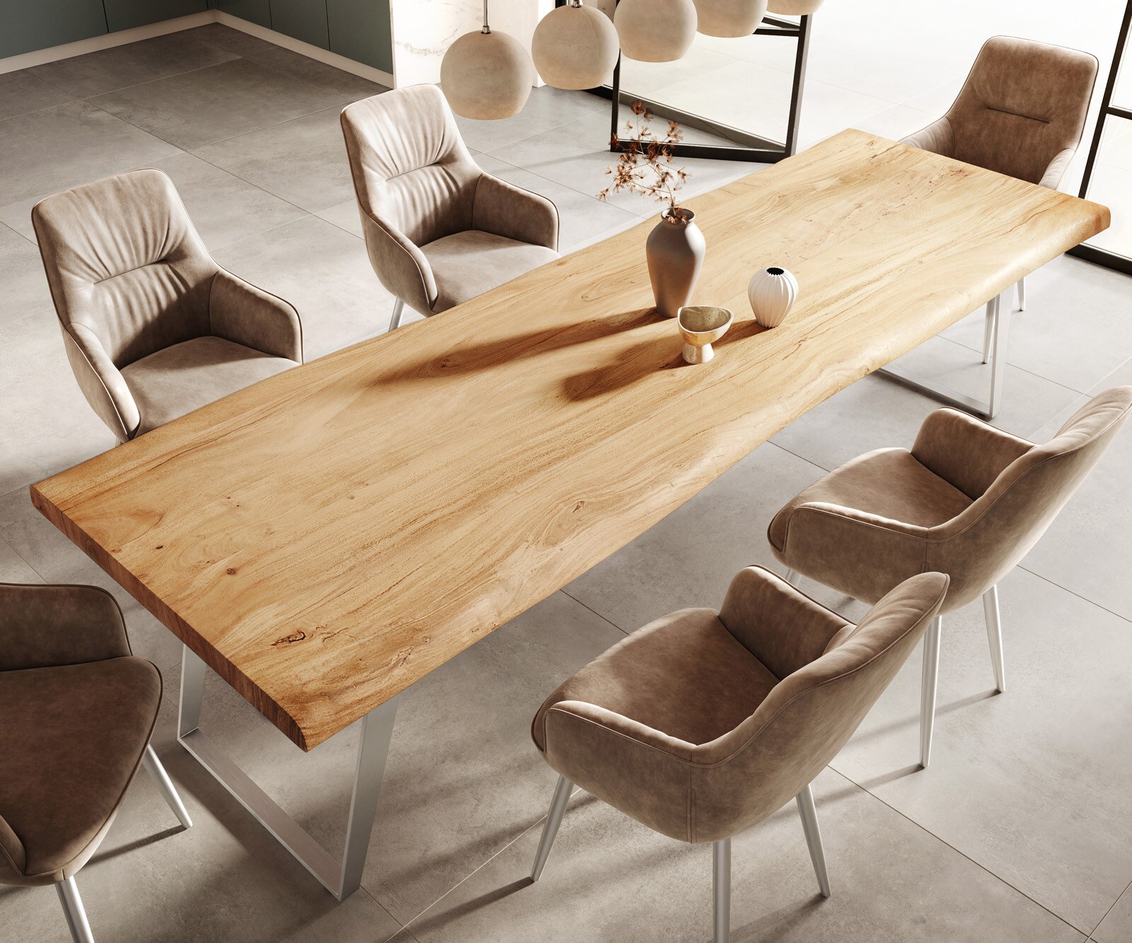 Table-à-manger Edge 300x100cm XL acacia nature acier inoxydable argent incliné Live-Edge 4