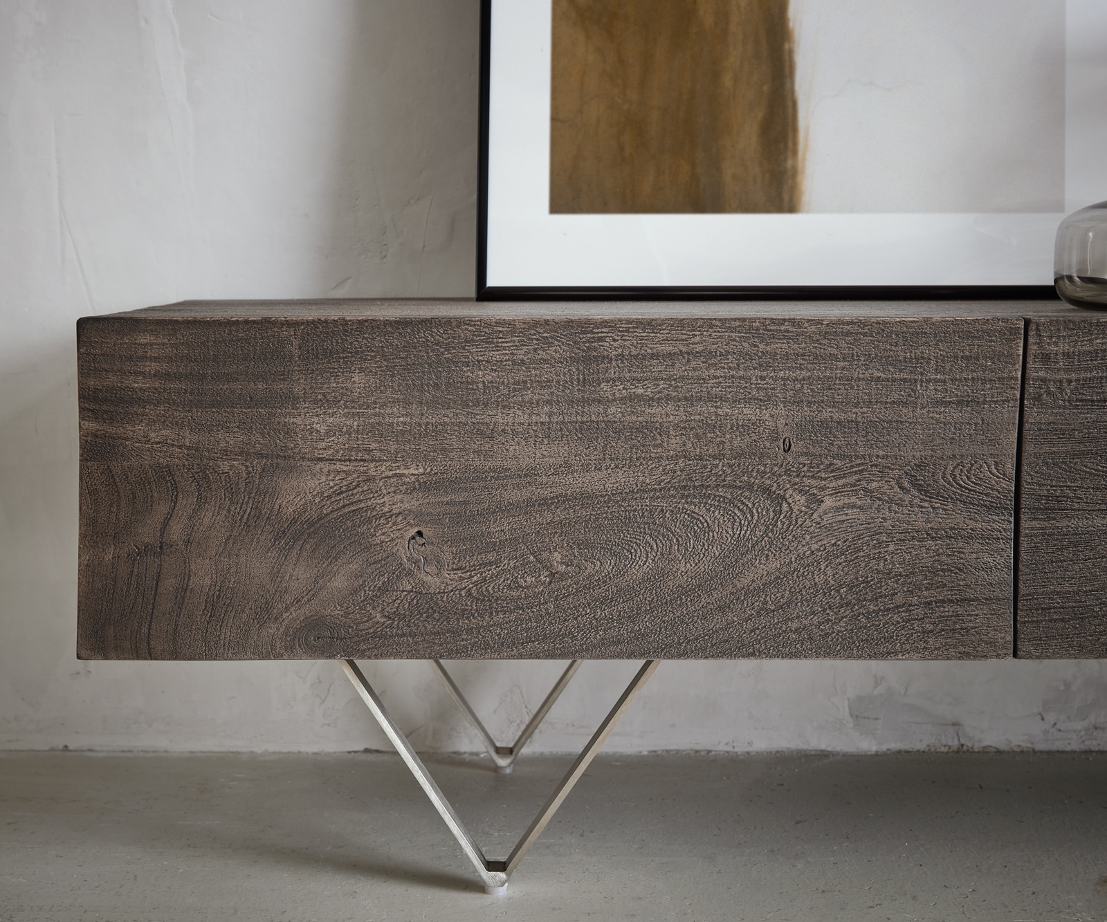 Lowboard Wyatt 220 cm Akazie Platin 4 Schübe V-Fuß Edelstahl 8