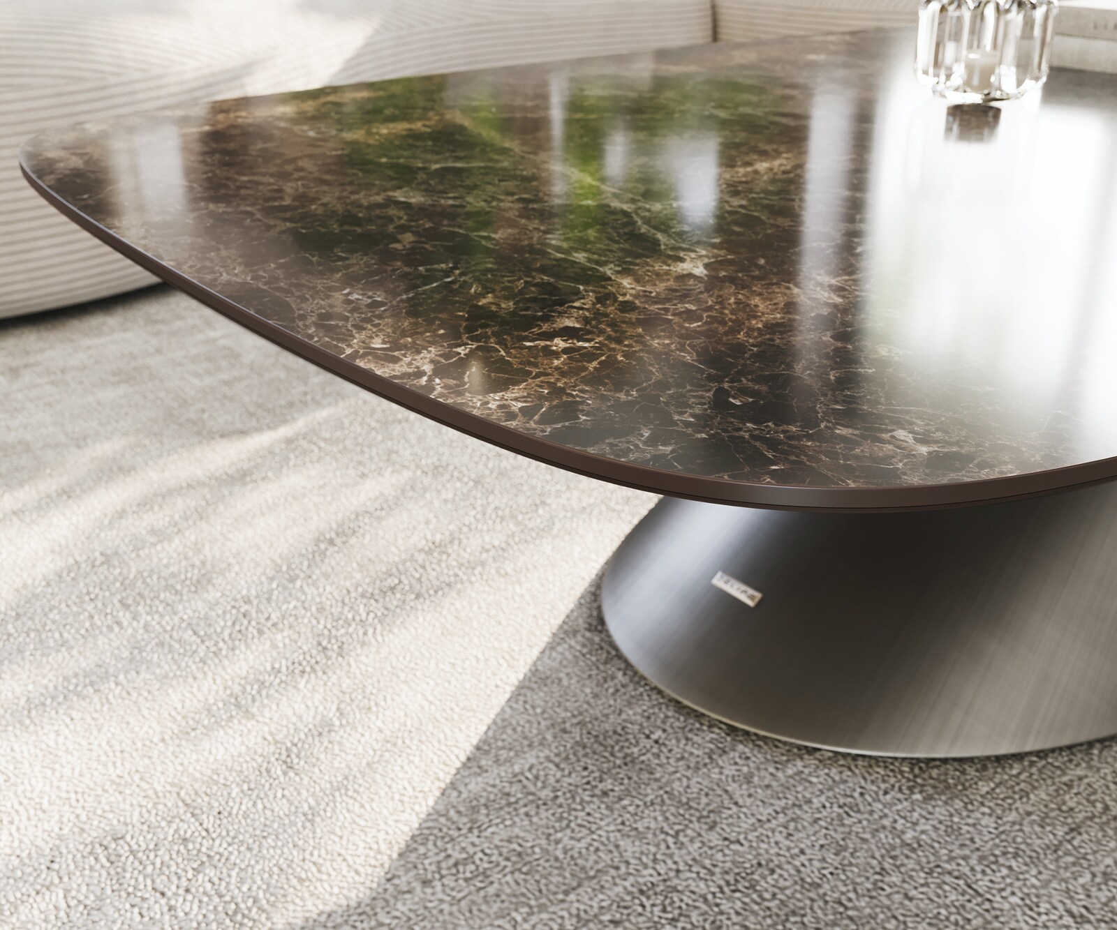 Table basse Edge bateau 140x80 cm céramique Emperador Extra Lucidato brun foncé Conis métallique argent 6
