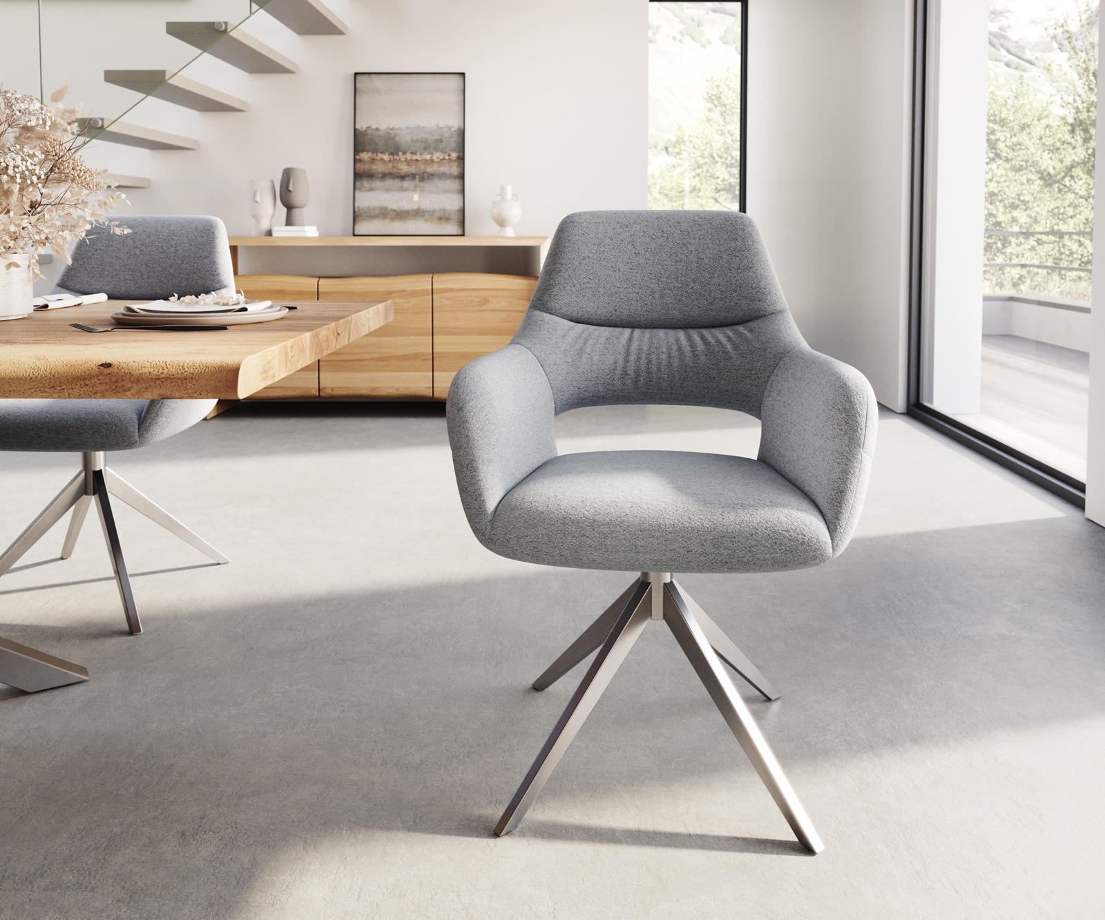 Esszimmerstuhl Yago-Flex mit Armlehnen Strukturstoff Hellgrau Kreuzgestell breit Edelstahl Taschenfederkern 1 Esszimmerstuhl Yago-Flex mit Armlehnen Strukturstoff Hellgrau Kreuzgestell breit Edelstahl Taschenfederkern 1