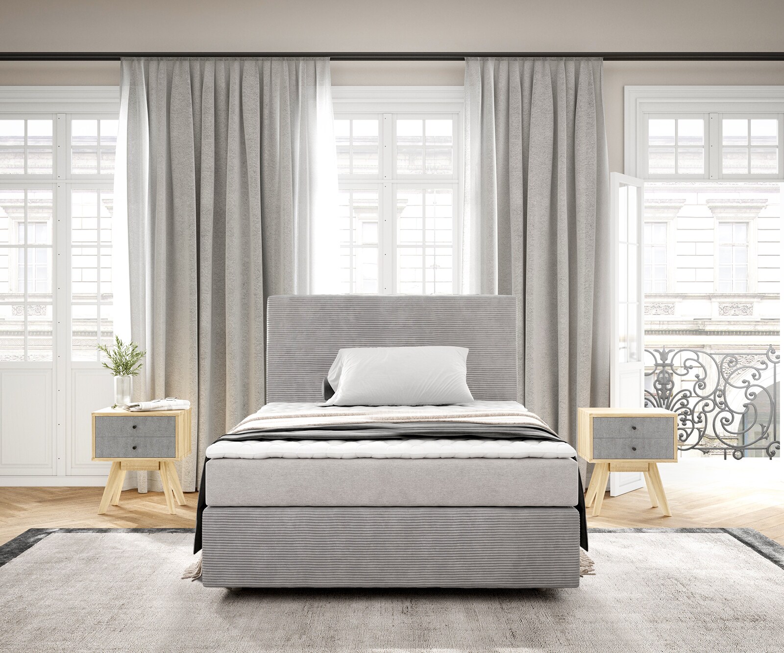 Lit-à-sommier-tapissier Dream-Well 120x200 cm Velours côtelé gris argenté avec matelas et surmatelas 1