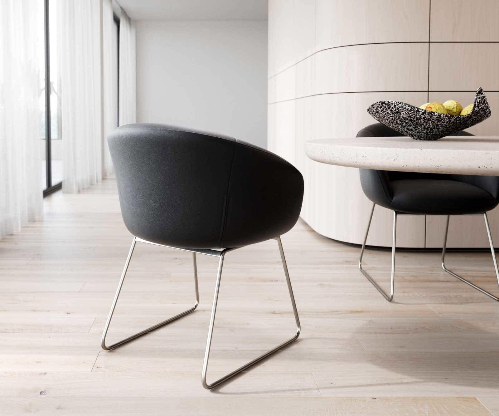 Esszimmerstuhl Vinka-Flex mit Armlehnen Echt-Leder Schwarz Kufengestell Edelstahl Taschenfederkern 4 Esszimmerstuhl Vinka-Flex mit Armlehnen Echt-Leder Schwarz Kufengestell Edelstahl Taschenfederkern 4