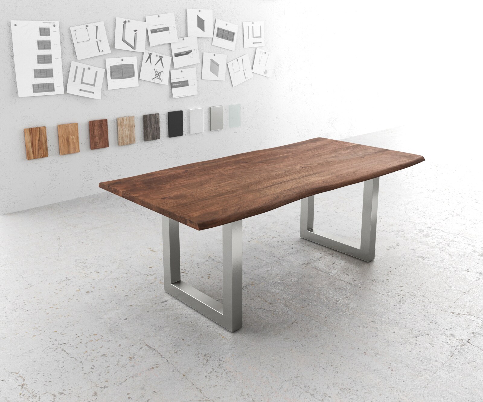 Table-à-manger Edge 200x100 acacia marron acier inoxydable large Live-Edge 1