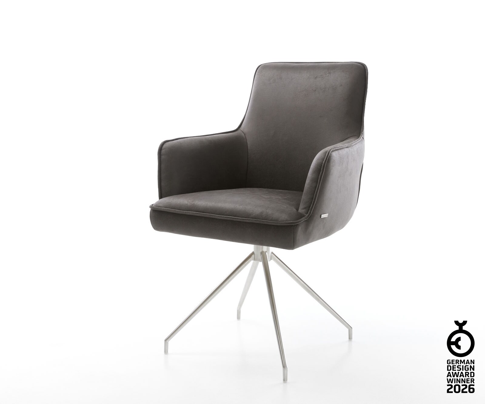 Chaise-pivotante Heira-Flex avec accoudoirs microvelours anthracite vintage pied croisé conique acier inoxydable brossé pivotement sur 180° ressorts ensachés