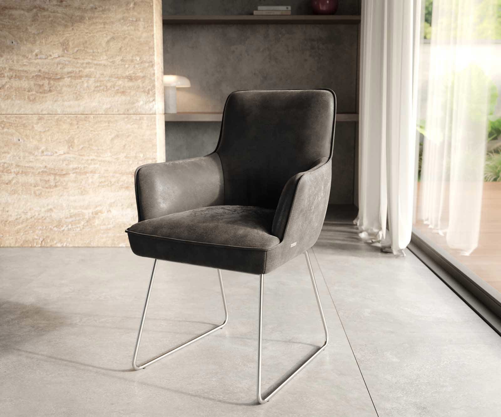 Esszimmerstuhl Heira-Flex mit Armlehnen Mikrofaser Anthrazit Vintage Kufengestell Edelstahl Taschenfederkern Esszimmerstuhl Heira-Flex mit Armlehnen Mikrofaser Anthrazit Vintage Kufengestell Edelstahl Taschenfederkern