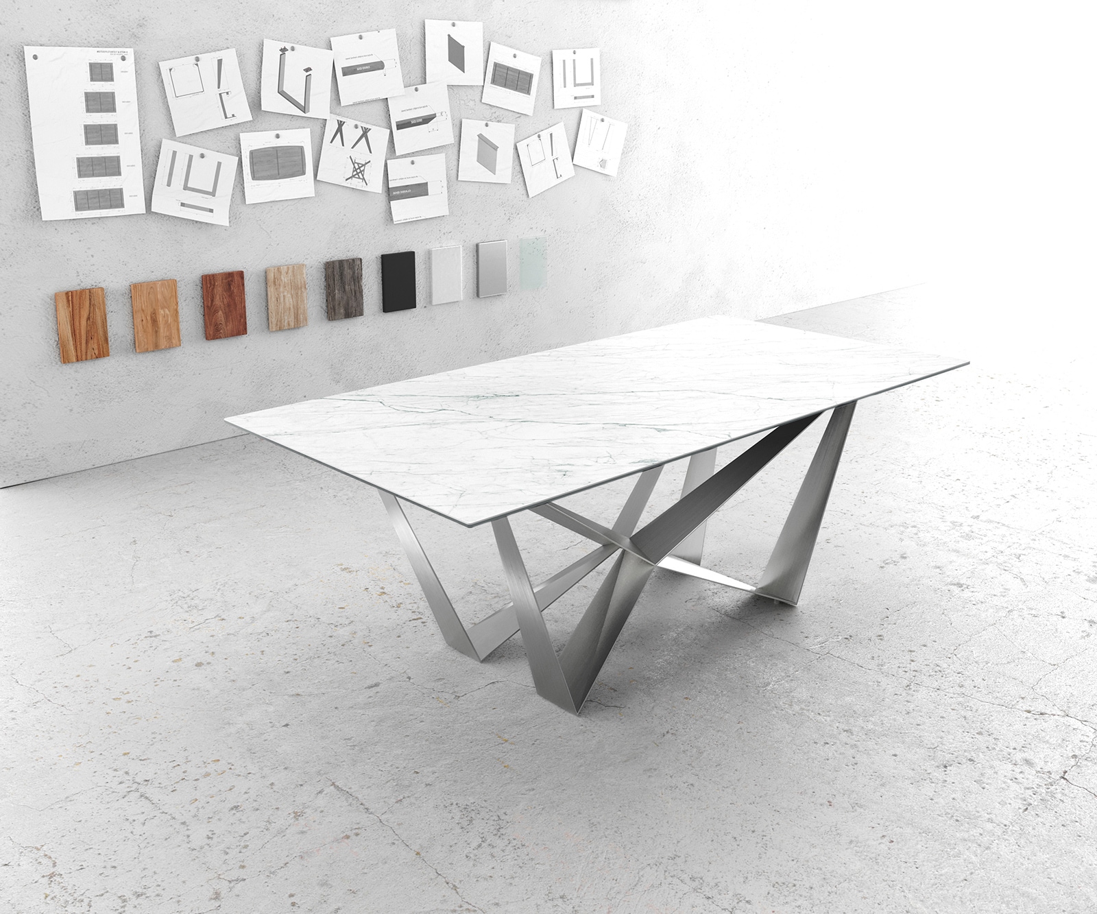 Table-à-manger Edge 200x100cm Laminam® céramique blanc pieds milieu acier plat argent Table-à-manger Edge 200x100cm Laminam® céramique blanc pieds milieu acier plat argent