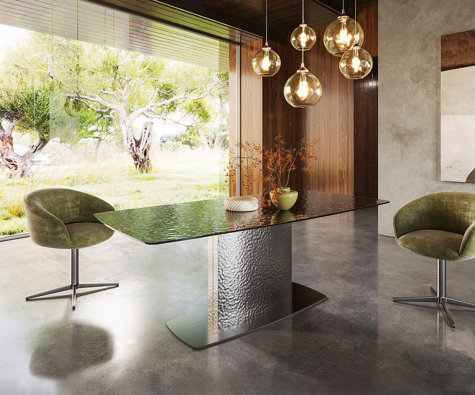 Esstisch Edge Boot 200x100 Reliefglas Rauchschwarz 3D-Design Wave Edelstahl 3