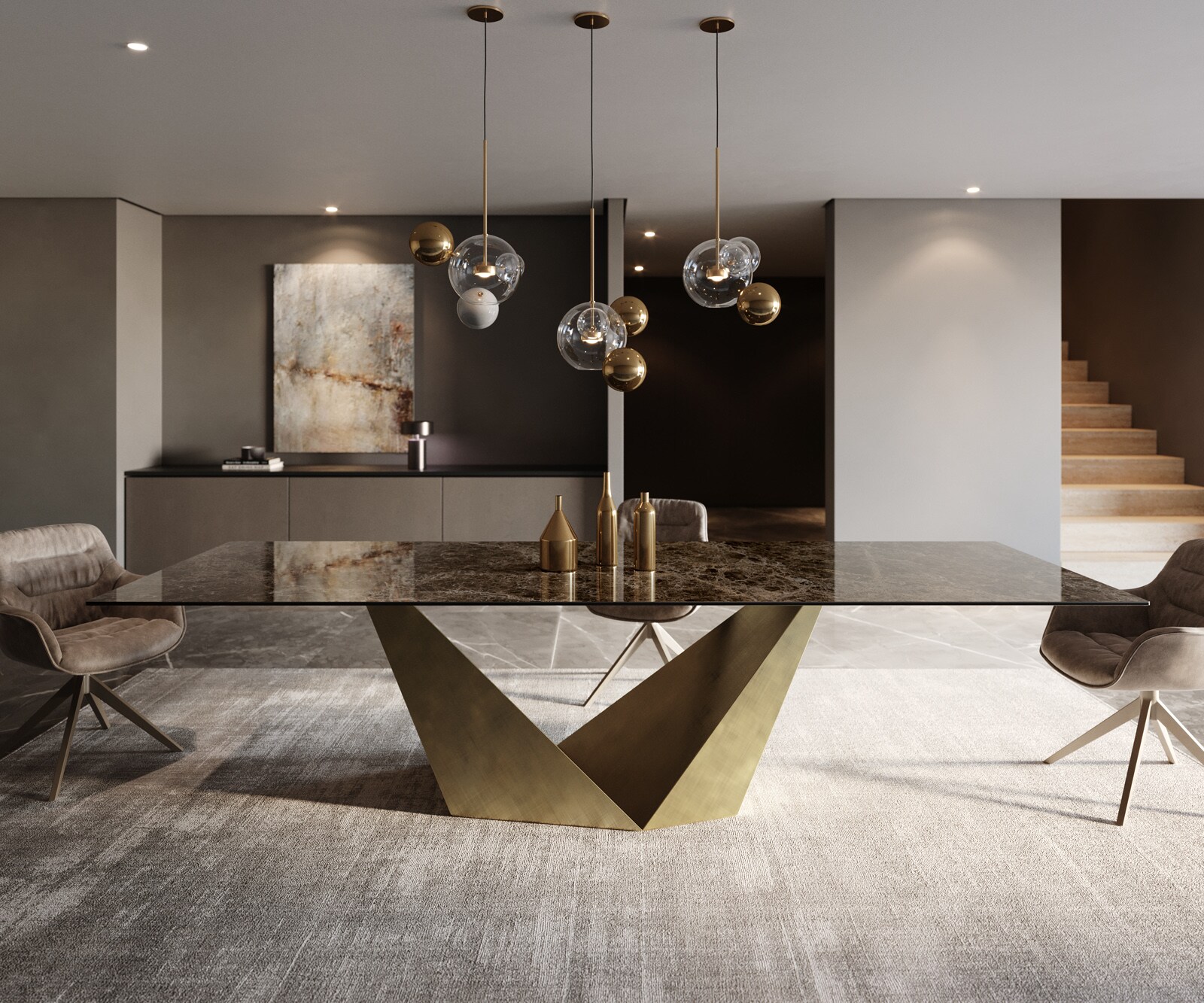 Table à manger Edge 300x100 céramique Laminam® Emperador Extra Lucidato marron foncé Prisma métallique doré 1