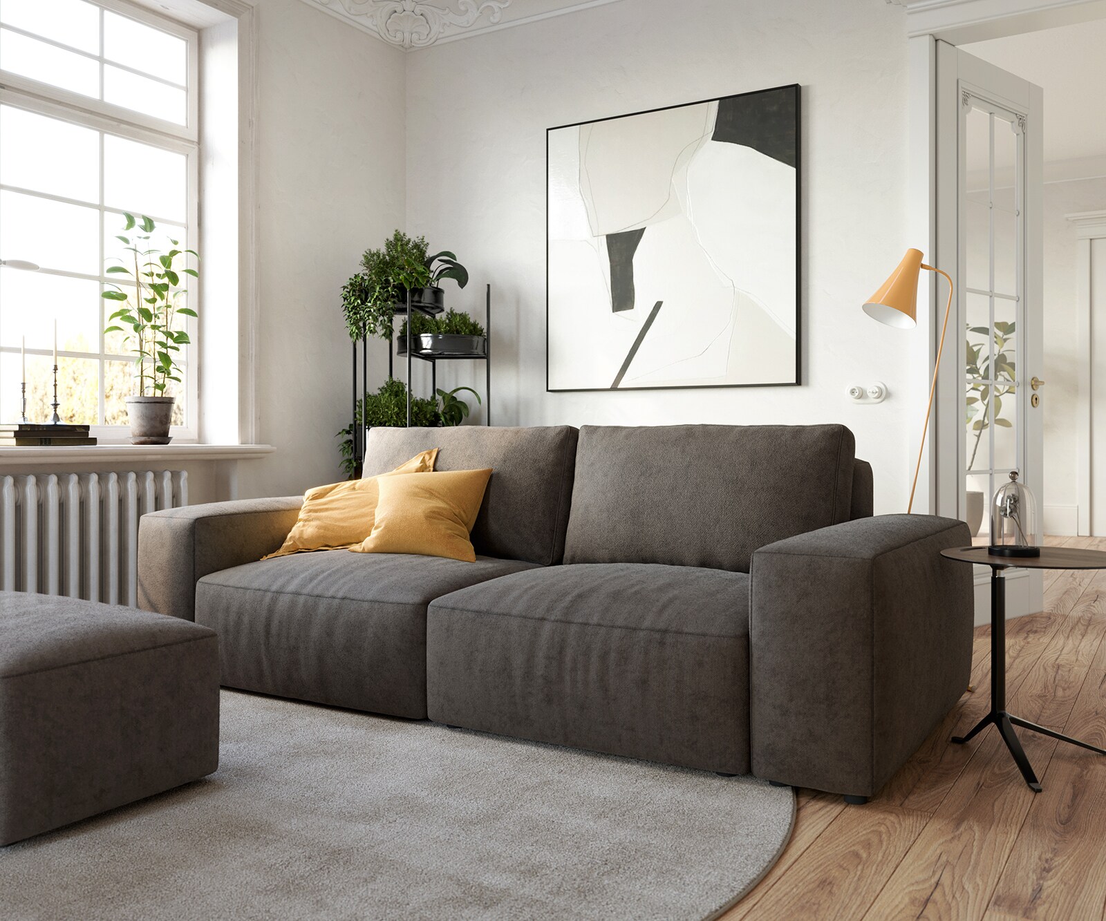 Big canapé Lanzo 230x95 cm microfibre brun kaki avec pouf